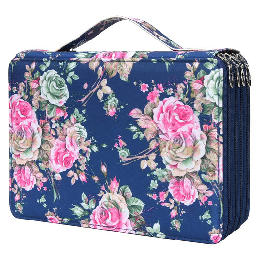 Vomgomfom 200 Slots Pencil Bag, 4-Layer Zipper Portable Art Supply Organizer, PU Leather Large Capacity Colored Pencil Case with Handle for 200 Watercolor Pens, Gel Pens (Blue Rose)
