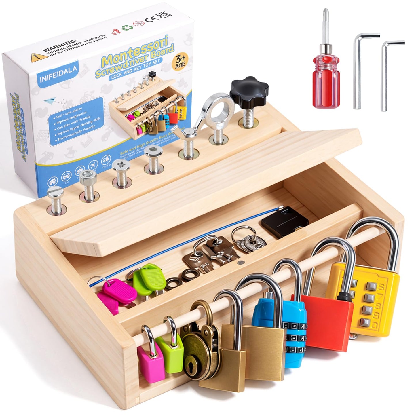 INIFEIDALA Montessori Toys for 3 4 5 Year Old,Montessori Screwdriver Board Set-Lock and Key Toy,Kids Tool Set,Preschool Learning Sensory Activities - Fine Motor Skills - STEM Toys
