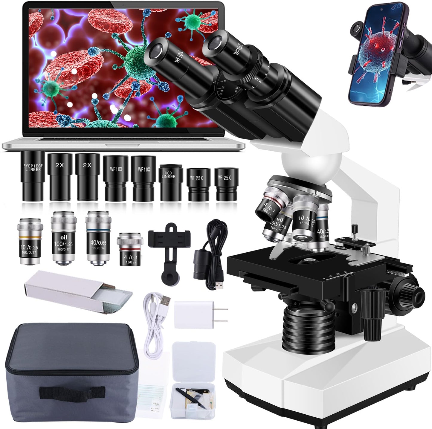 Woehrsh Microscope for Adults WF10x and WF25x eyepieces, 40X-2000X Magnification USB Camera, Microscope for Adults Suitable for Laboratory School (Large Model Binocular Electronic Eyepiece)