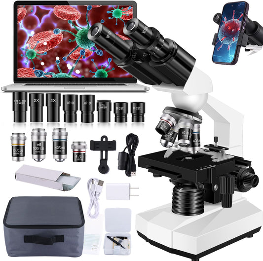 Woehrsh Microscope for Adults WF10x and WF25x eyepieces, 40X-2000X Magnification USB Camera, Microscope for Adults Suitable for Laboratory School (Large Model Binocular Electronic Eyepiece)