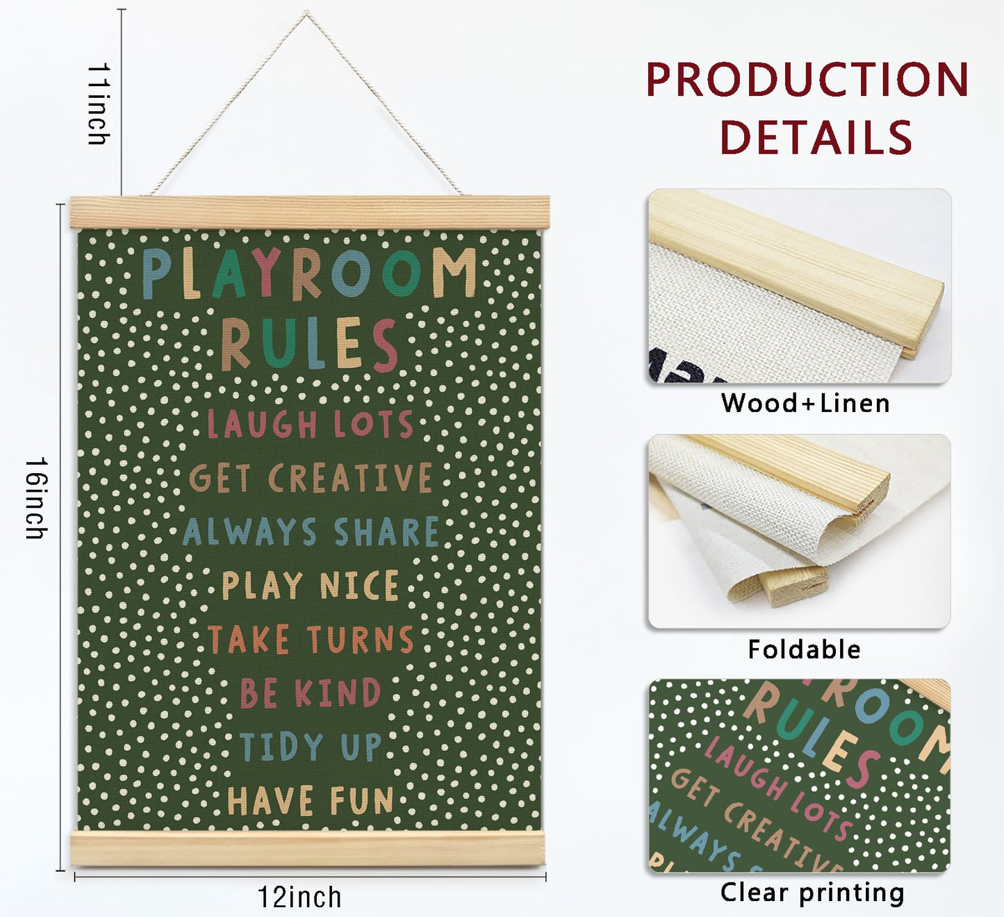 Playroom Kids Tollder Room Wall Decor, Play Room Rules Wall Decor for Kids Play Game Room Bedroom Nursery Home School Playroom Essentials, Canvas Hanging Banner Wood Poster Frameds(dark green)