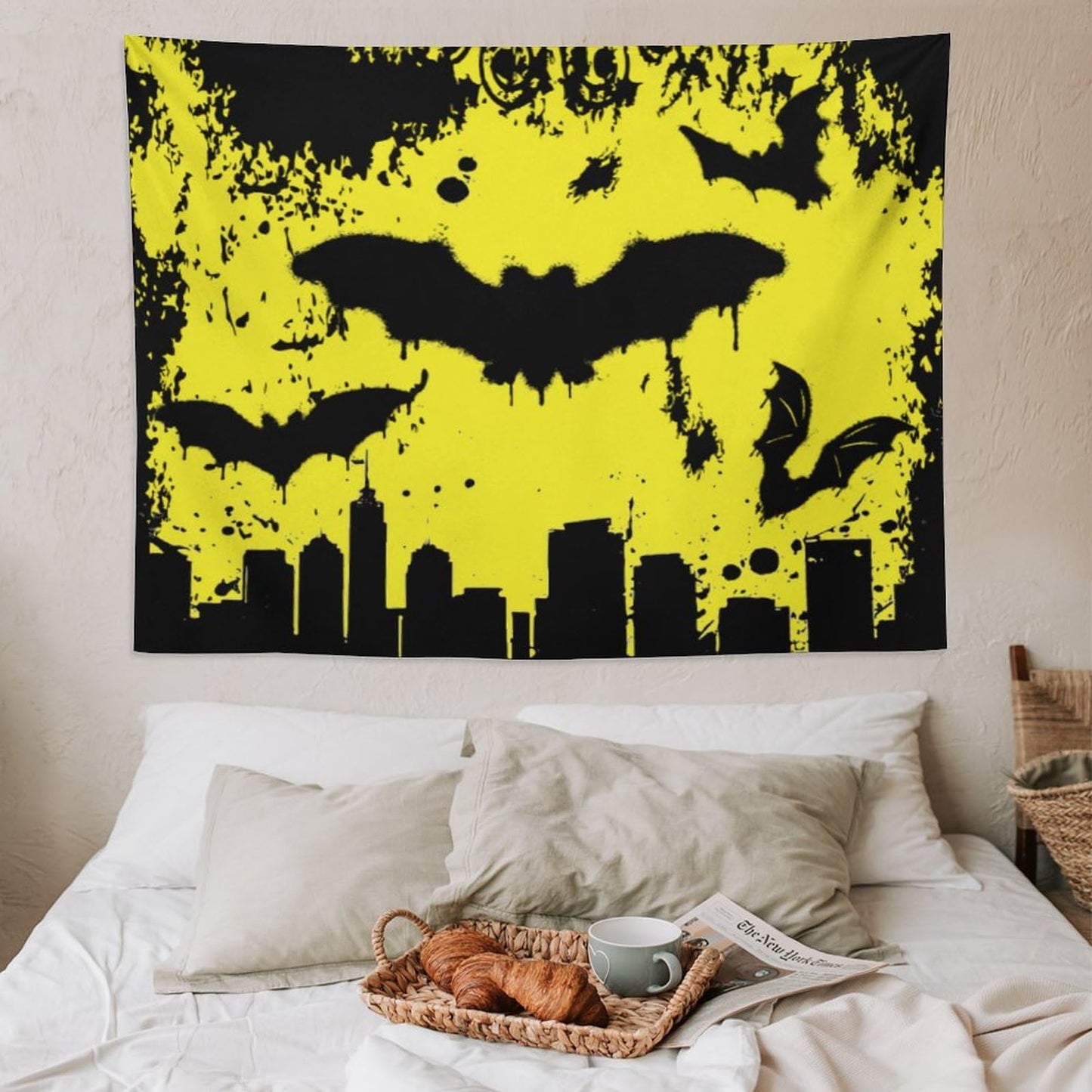 Bat Tapestry,Yellow and Black Design Cartoon Tapestry for Boys Girls Teens,Modern Art Print Tapestry Wall Hanging Home Décor for Game Room Play Room Bedroom Living Room 80" x 60"
