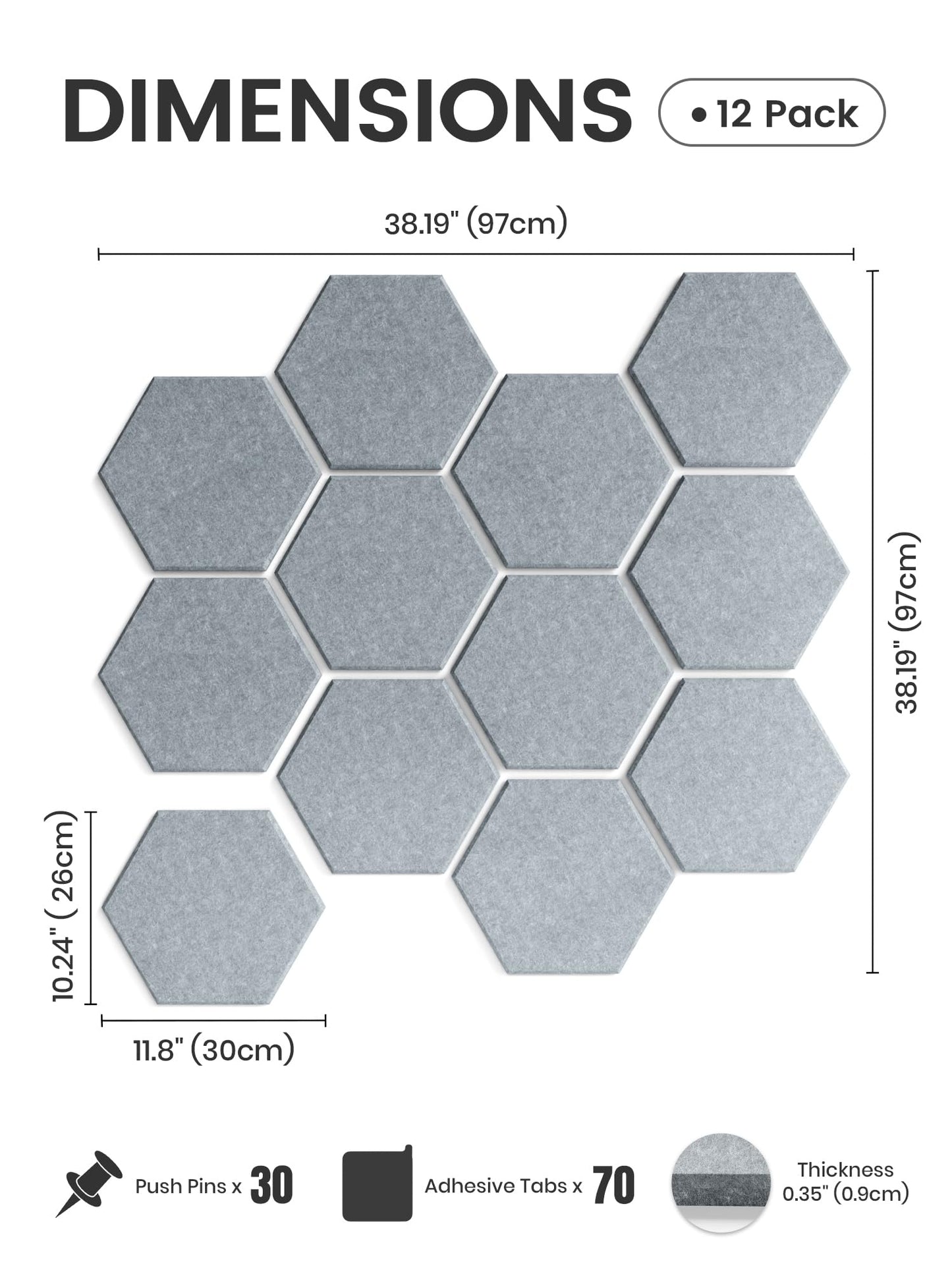 Fluxynara Hexagon Cork Board Alternative for Walls Decor-12-Pack Felt Bulletin Board Tiles,with 30 Pushpins,70 Adhesive Tabs for Office,Classrooms & Home Pin Board Felt Board-Blue Gray