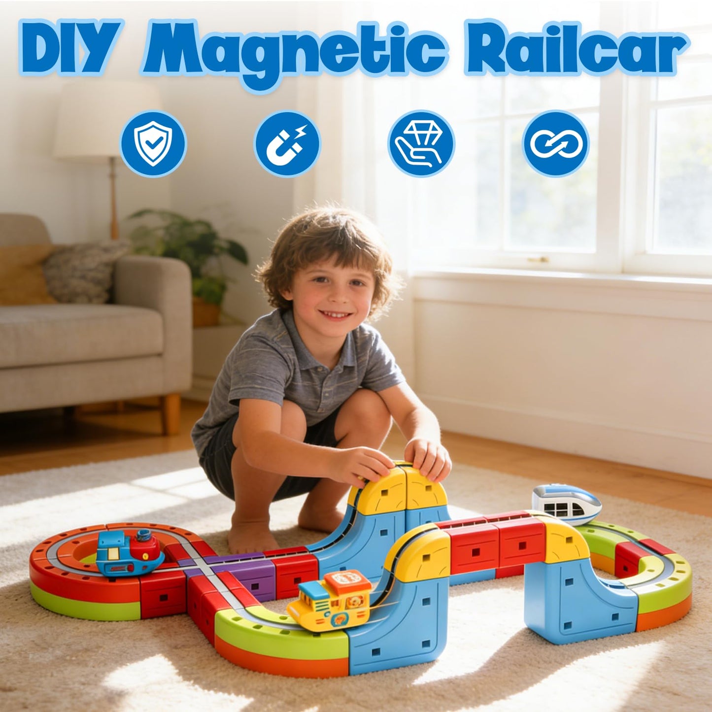 3D Infinity Cube Track Magnetic Electric Train Set for Kids 4 6 7 8,Toy Vehicle Playsets for Toddlers 3-5 Train Set Learning Gift,141 Pcs/2 car