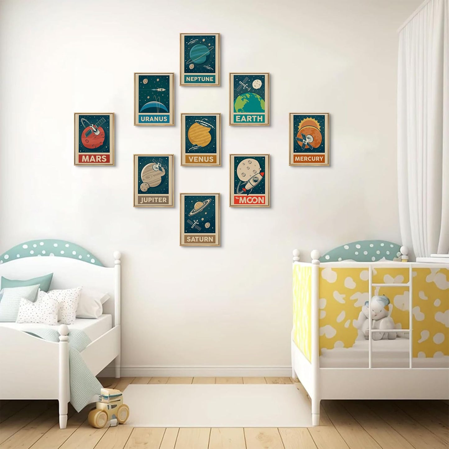 9pcs Retro Solar System Wall Art Nursery Space Pictures Retrospace Galaxy Wall Decor Outer Space Paintings Prints Sci-Fi Planet Posters for Boys Girls Kids Bedroom Living 12x16in Unframed