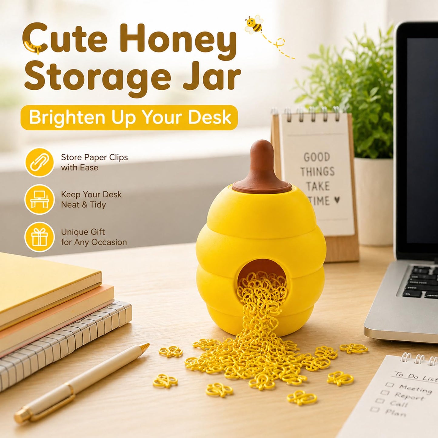 Ropassor Cute Bee Paper Clips with Honey Jar Holder（50PCS）, Aesthetic Desk Decor, Paper Clip Holder Organizer, Novelty Office Supplies for Women, School Desk Accessories, Gift Idea