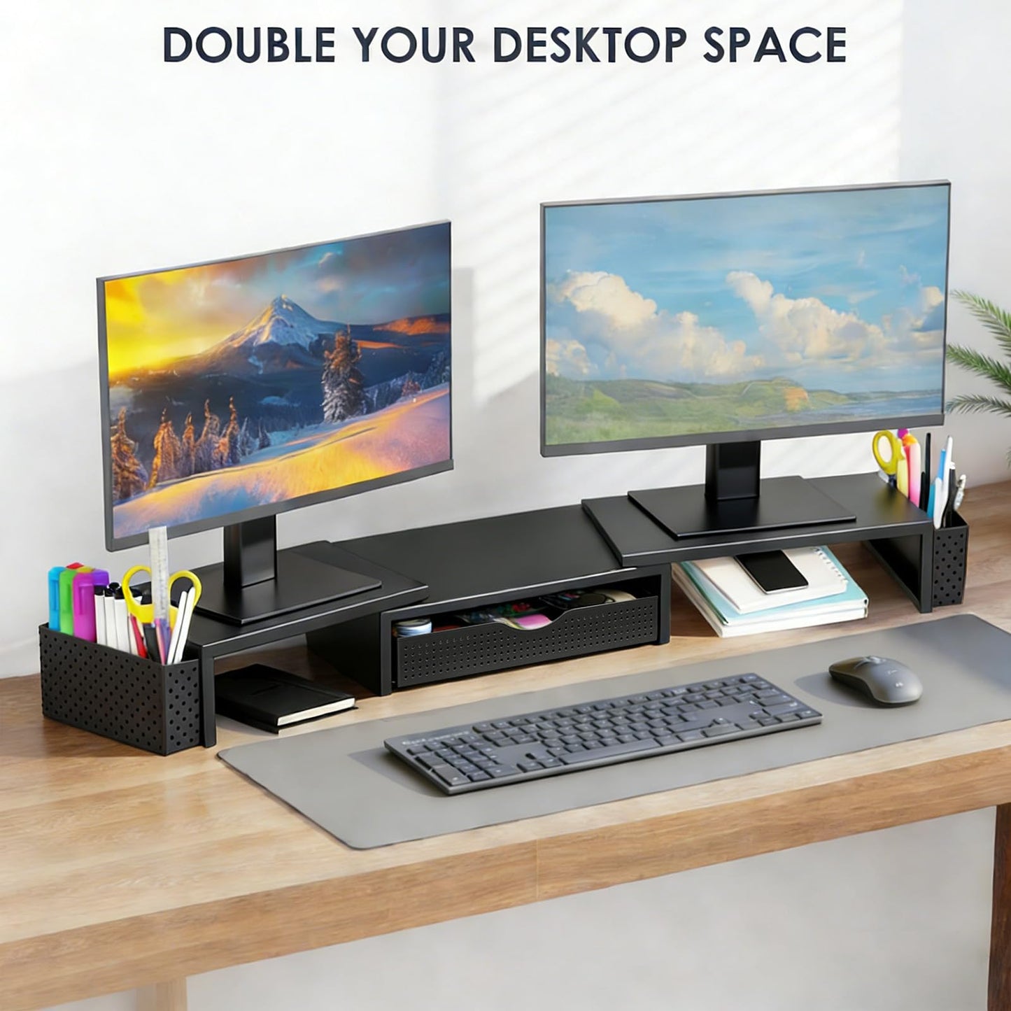 Spacrea Metal Desk Organizers and Accessories, Dual Monitor Stand Riser with Drawer and 2 Pen Holders, Book Racks, Desk Accessories & Workspace Desktop Organizers for Office Supplies (Black)