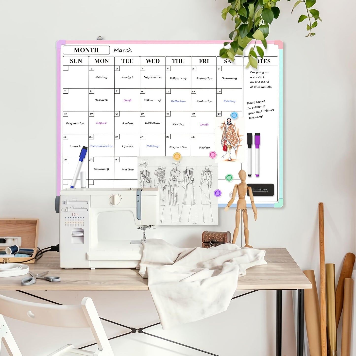 Lumspax Monthly Whiteboard Calendar for Wall, 24" x 18" Dry Erase Board with Plastic Frame, Hanging Dry Erase Calendar with 3 Mini Sticky Notes for Kitchen Planner, Memo, Home and Office, Colorful