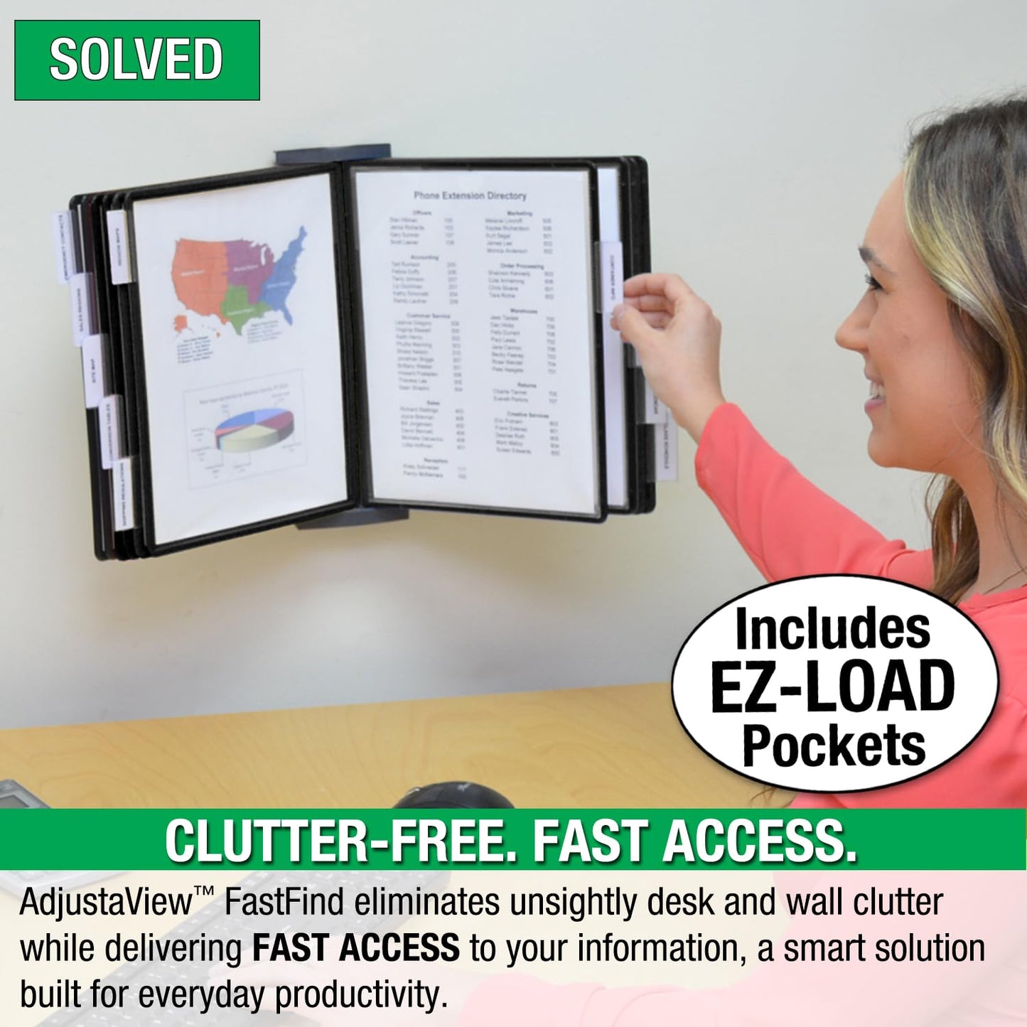 Ultimate Office AdjustaView FastFind 10-Pocket Wall Mounted Reference Display Organizer with All Black EZ Load Pockets to Display 20 Sheets of Your Most Important Letter Sized Documents