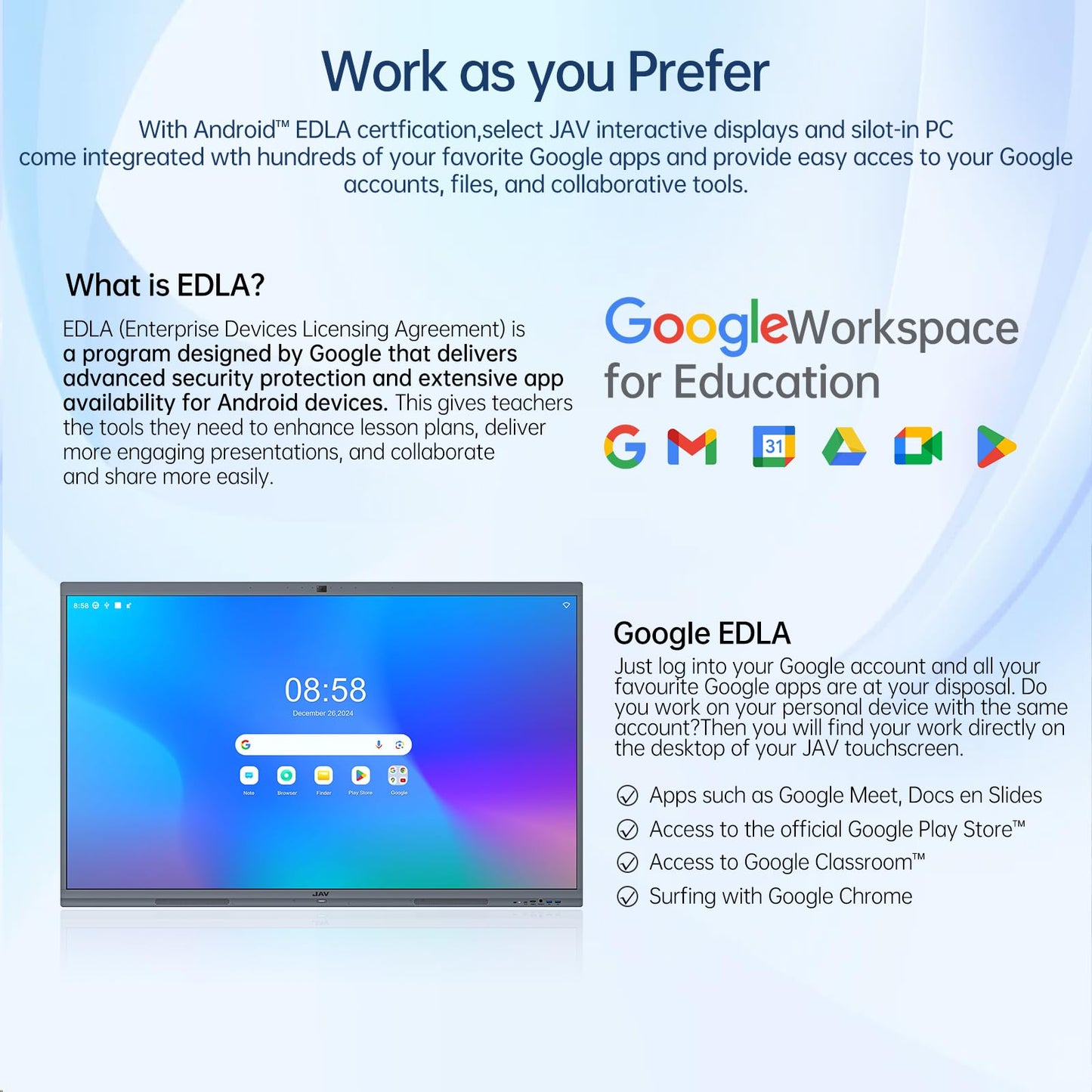 JAV Smart Board Interactive Whiteboard for Classroom Office Home, 4K UHD 8+128GB Touchscreen Smartboard with Built-in EDLA Licensed Android OS & Open App Ecosystem, Wi-Fi & Bluetooth