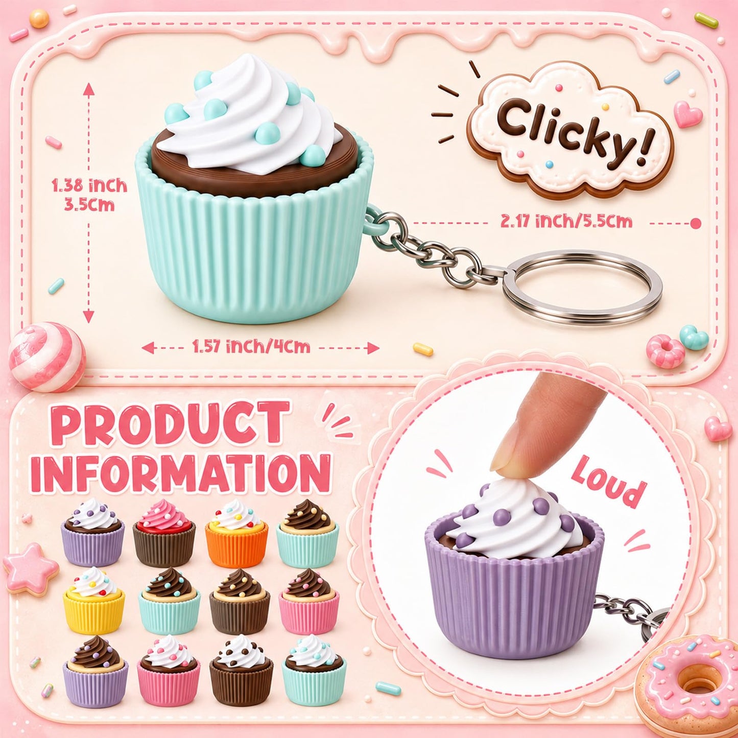 Kenning 12 Pcs Cupcakes Clicker Fidget Keychain Bulk 3D Sensory Clicker Fidget Decompression Button Stress Relief Gifts for Adults Coworkers Birthday Party Favors Goodie Bag Fillers