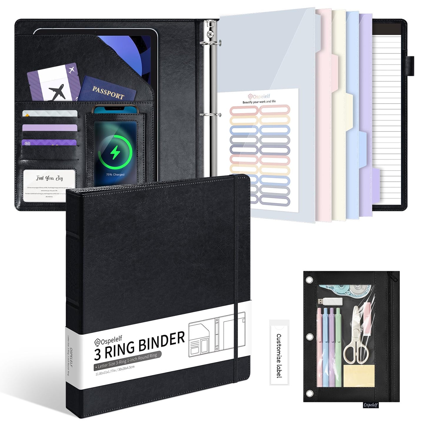 Ospelelf Leather 3 Ring Binder for Letter Size Documents with Pocketed Dividers, 1 Inch Round Rings, Holds 175 Sheets, Binders with Storage Bag & Notepad, for Office School Home Organization, Black