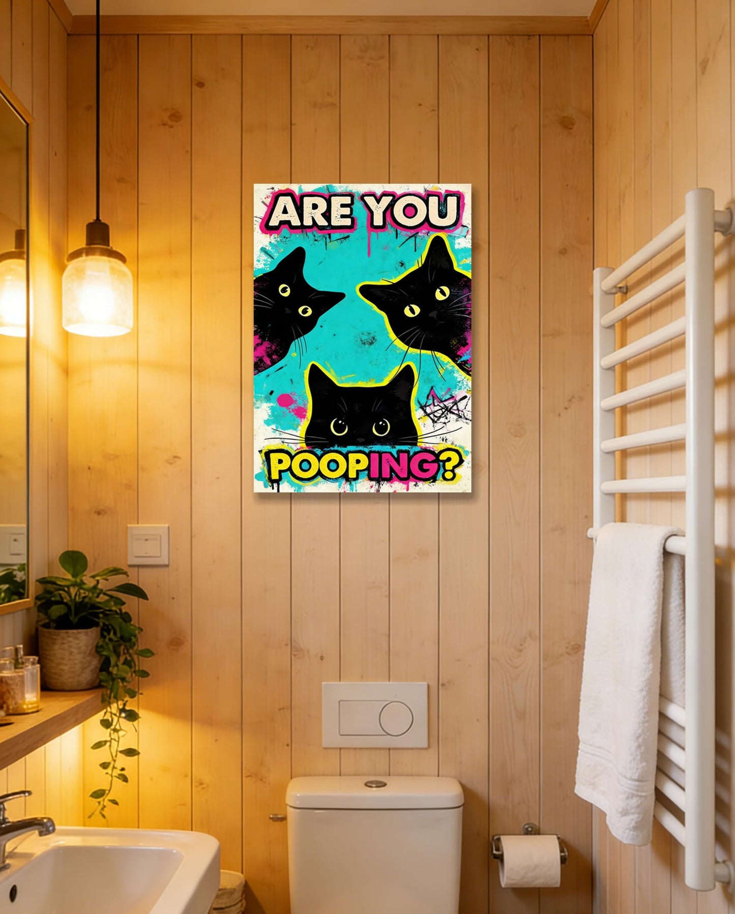 DUFIPOR Funny Black Cat Bathroom Wall Art, Are You Pooping? Graffiti Pop Art Canvas Prints, 16x24 Inch Humorous Bathroom Decor for Washroom Restroom, Trendy Cat Lover Gifts for Bathroom Wall Decor