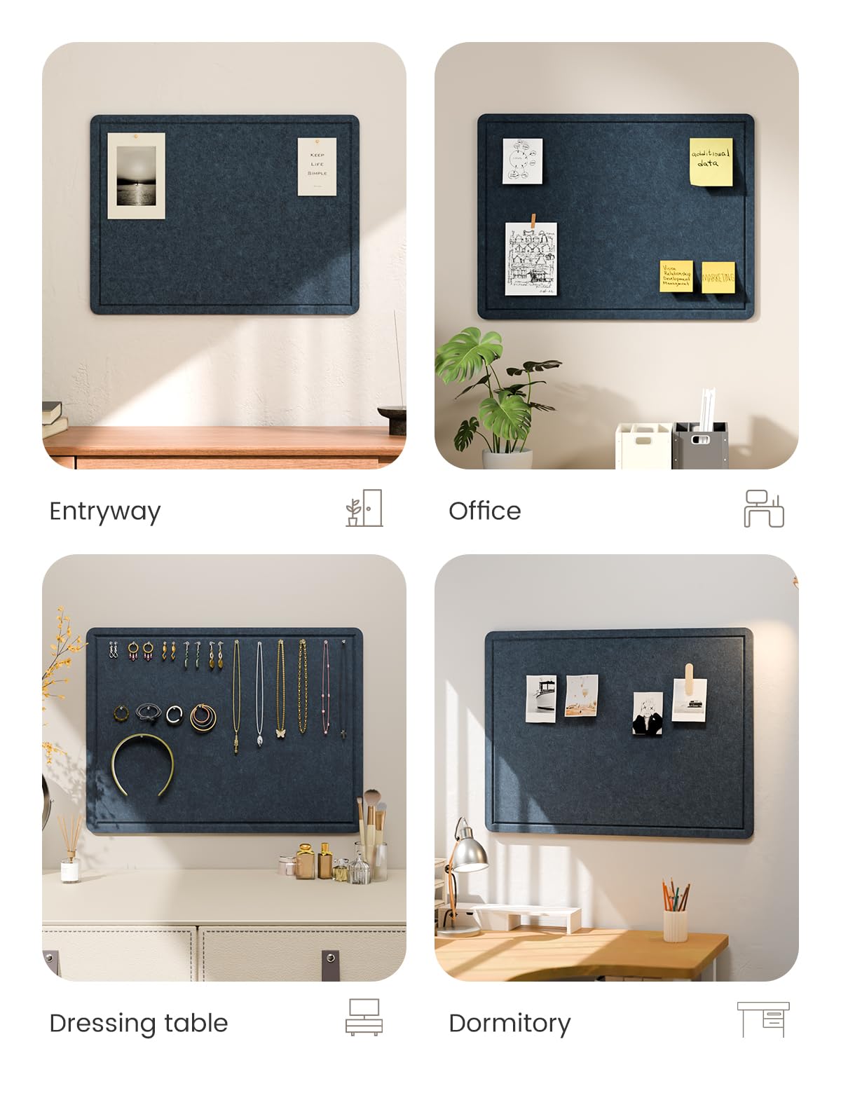 Fluxynara Bulletin Board, 23.6" x 17.5" Cork Board Alternative with 12 Safe Removable Adhesive Tabs, Foldable Felt Pin Board for Home Office, Classroom, Bedroom,Entryway for Walls—Carbon Blue