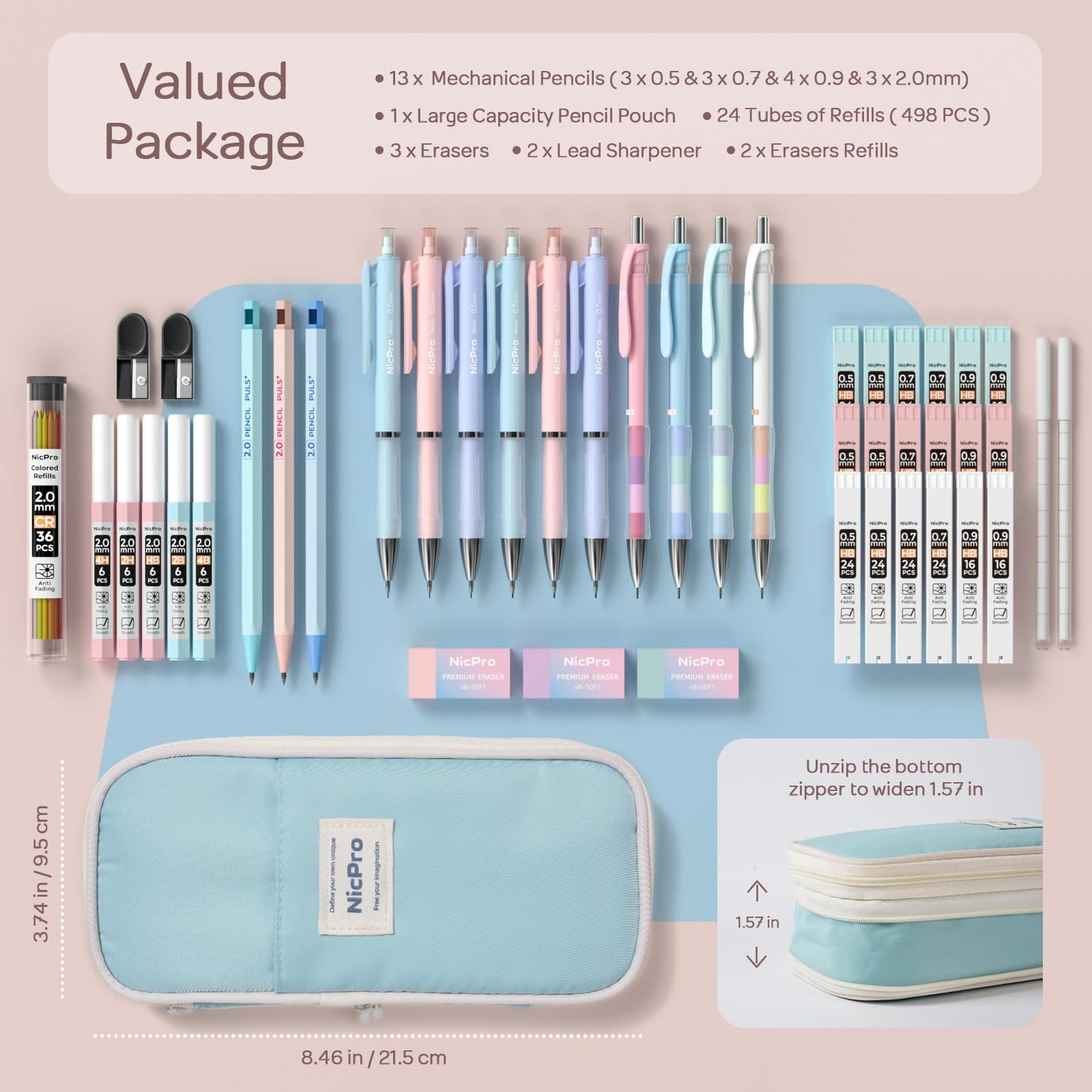Nicpro 45PCS Aesthetic School Supplies with Pencil Case, Pastel Mechanical Pencils 0.5mm, 0.7mm, 0.9mm & 2.0mm with 498 PCS Refills, Cute Mechanical Pencil Set for Writing, Drawing & Drafting