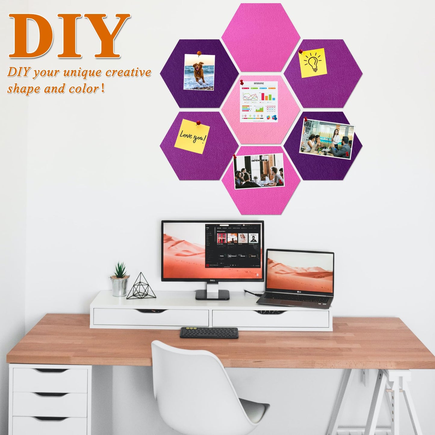 HULAVO Large Hexagon Felt Cork Board Tiles, Self Adhesive DIY Felt Bulletin Board Pin Board with 35 Pushpins for Office School Home Wall Decor Stickers Memos Photos Display(Deep Purple+Pink)