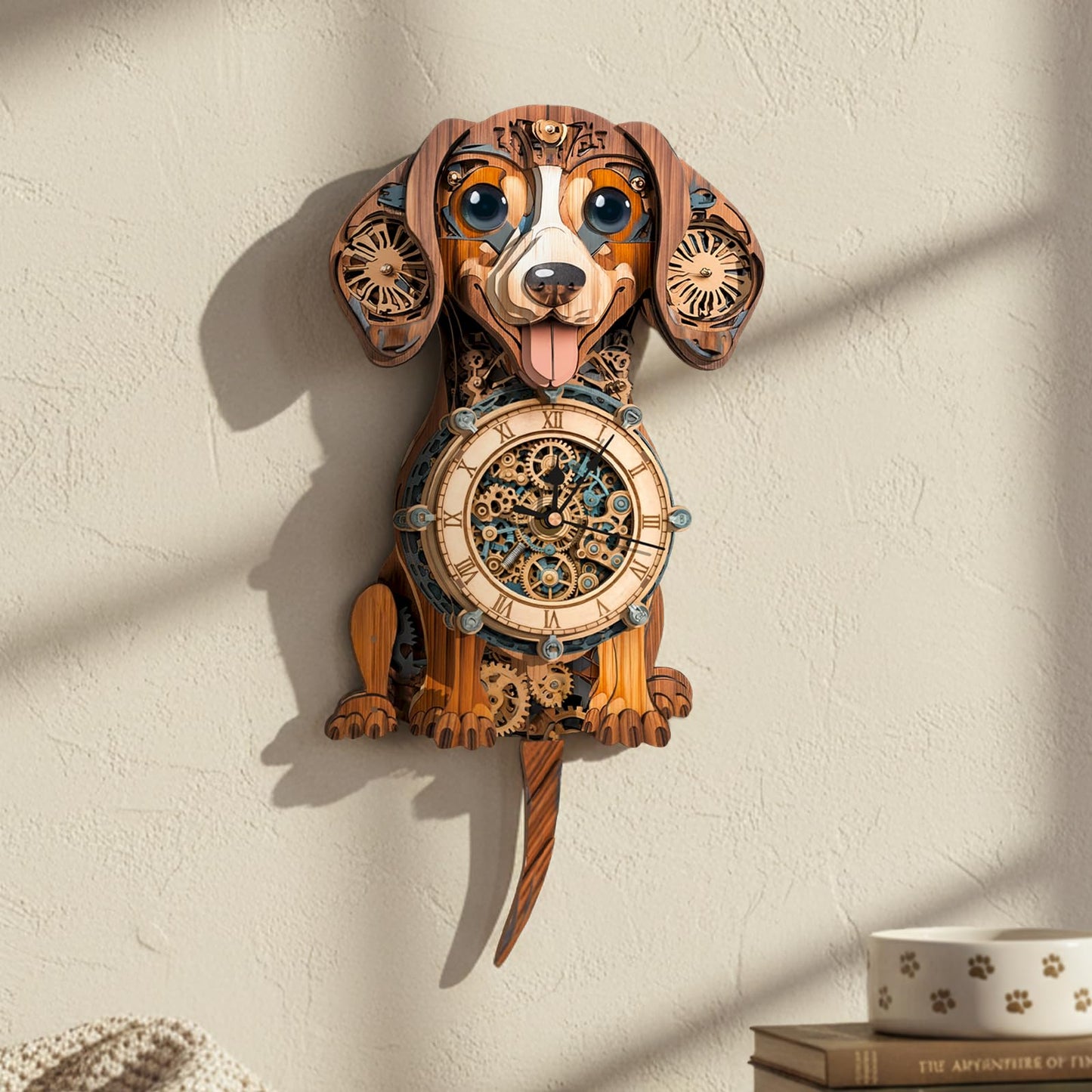 3D Wooden Puzzles for Adults, Dachshund Clock with Pendulum Model Kit, 3D Puzzles for Adults Room Home Decor DIY Wall Clock Kit, Holiday Birthday Christmas Day Gifts for Men Women Teens