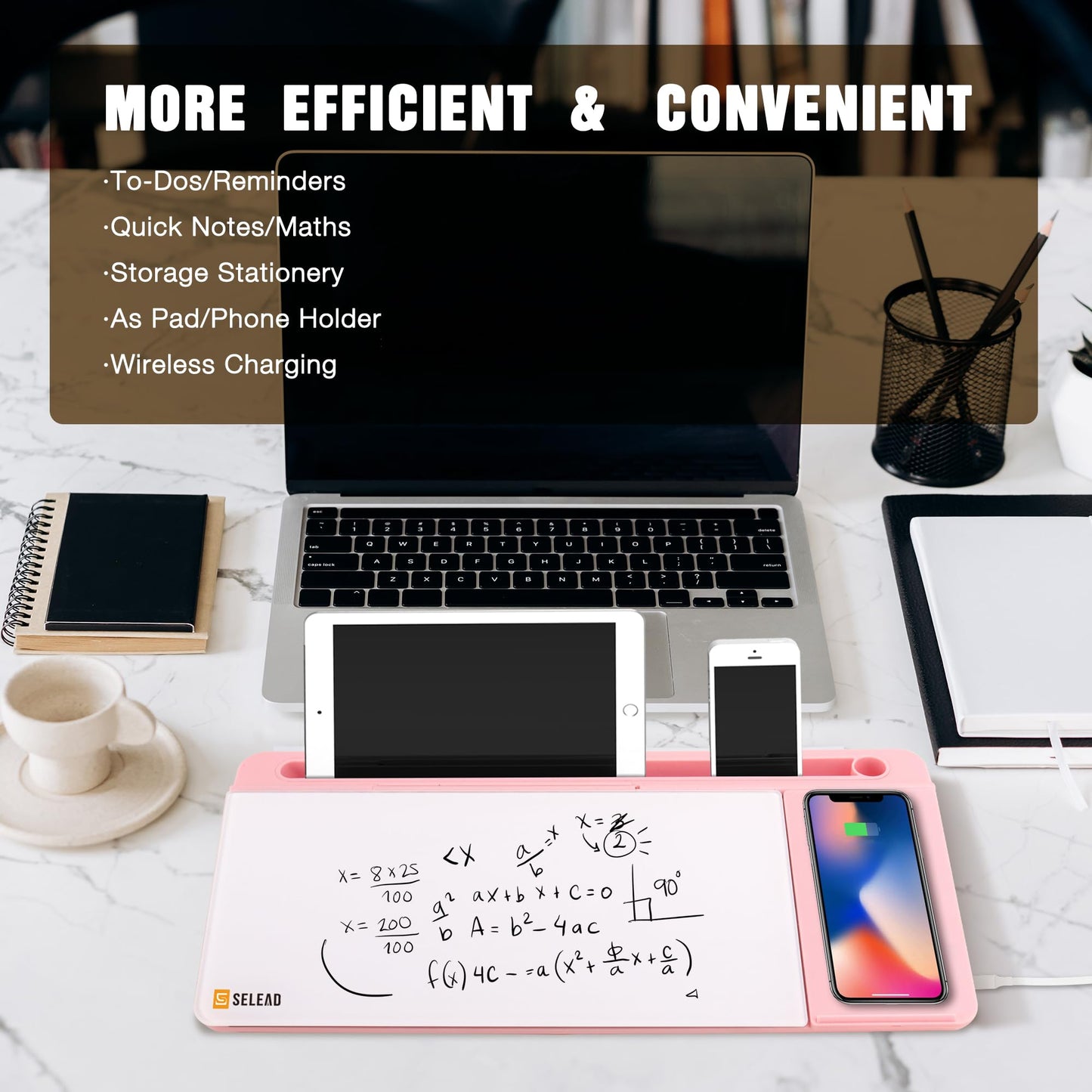 SELEAD Desktop Glass Whiteboard with Wireless Charger Station and Mirror, Desk Dry Erase Board Computer Pad Keyboard Stand with Organizer for Home, School, Office Accessories for Women, Pink