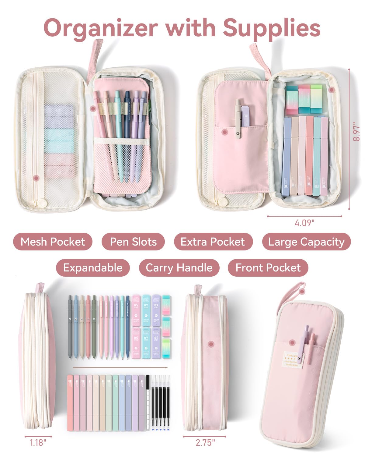 Four Candies 39 PCS Aesthetic Stationery Set with Cute Pen Case, College Supplies and Nursing Essentials, 12 Pastel Highlighters, 5 Black Gel Pens, 6 Mechanical Pencils, Pink