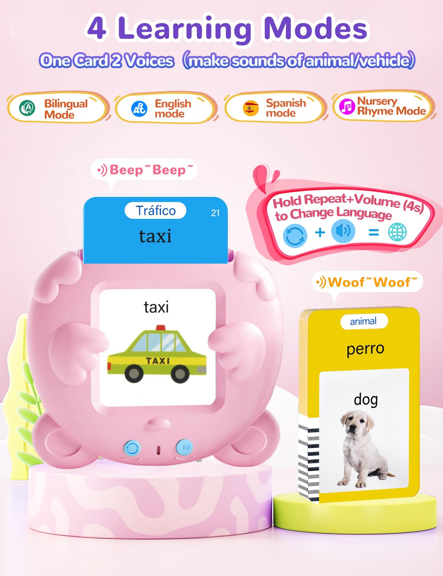 Spanish & English Talking Flash Cards for Toddlers, 510 Sight Words Bilingual Pink Educational Toys for Girls, Autism Sensory Speech Therapy Toys, Española Pocket Vocabulary Learning for Kids