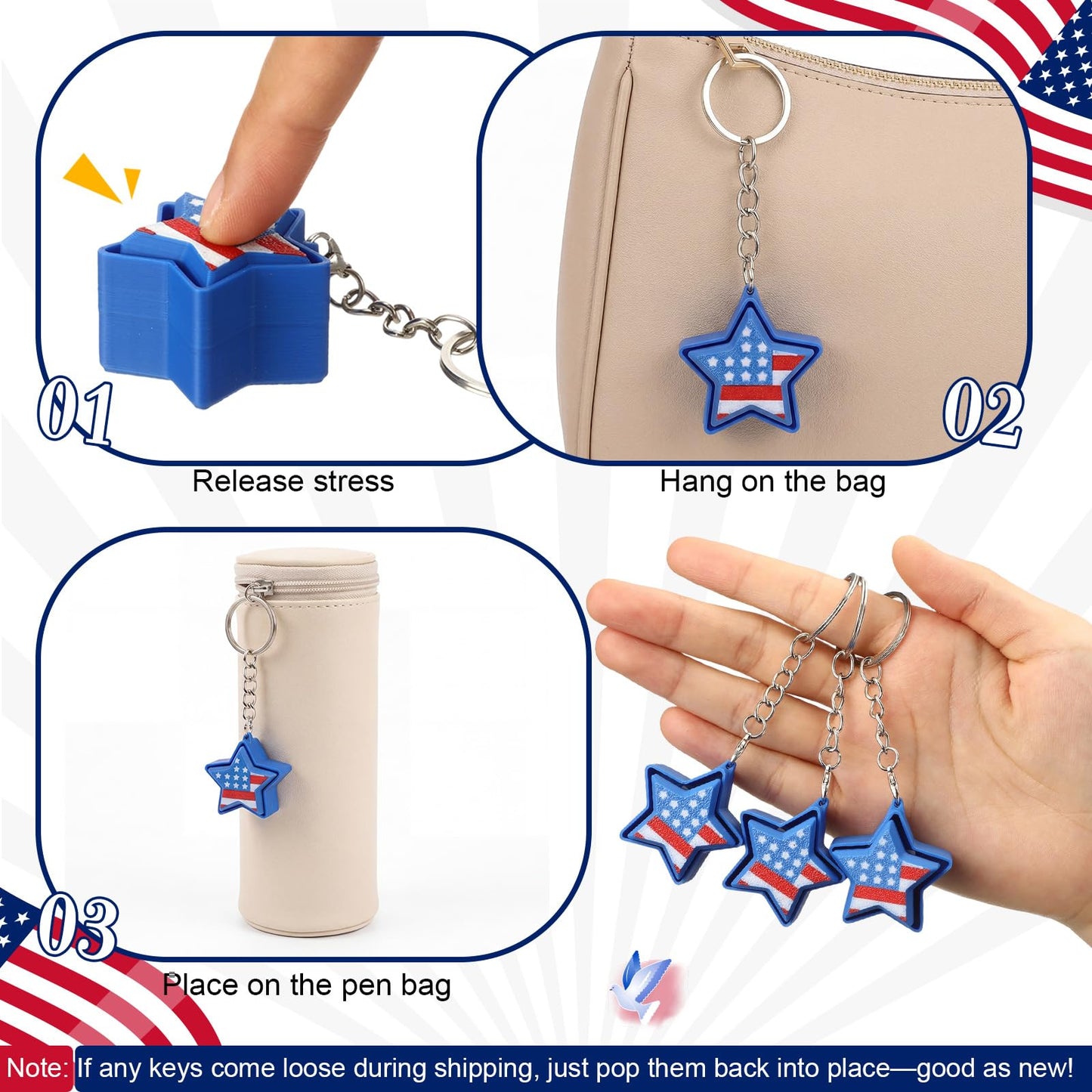 Kenning 12 Pcs American Flag Clicker Fidget Keychain Bulk Patriotic 3D Printed Fidget Toy 4th of July Party Favors 250th Anniversary Flag Keychain for Independence Memorial Veterans Day Gifts