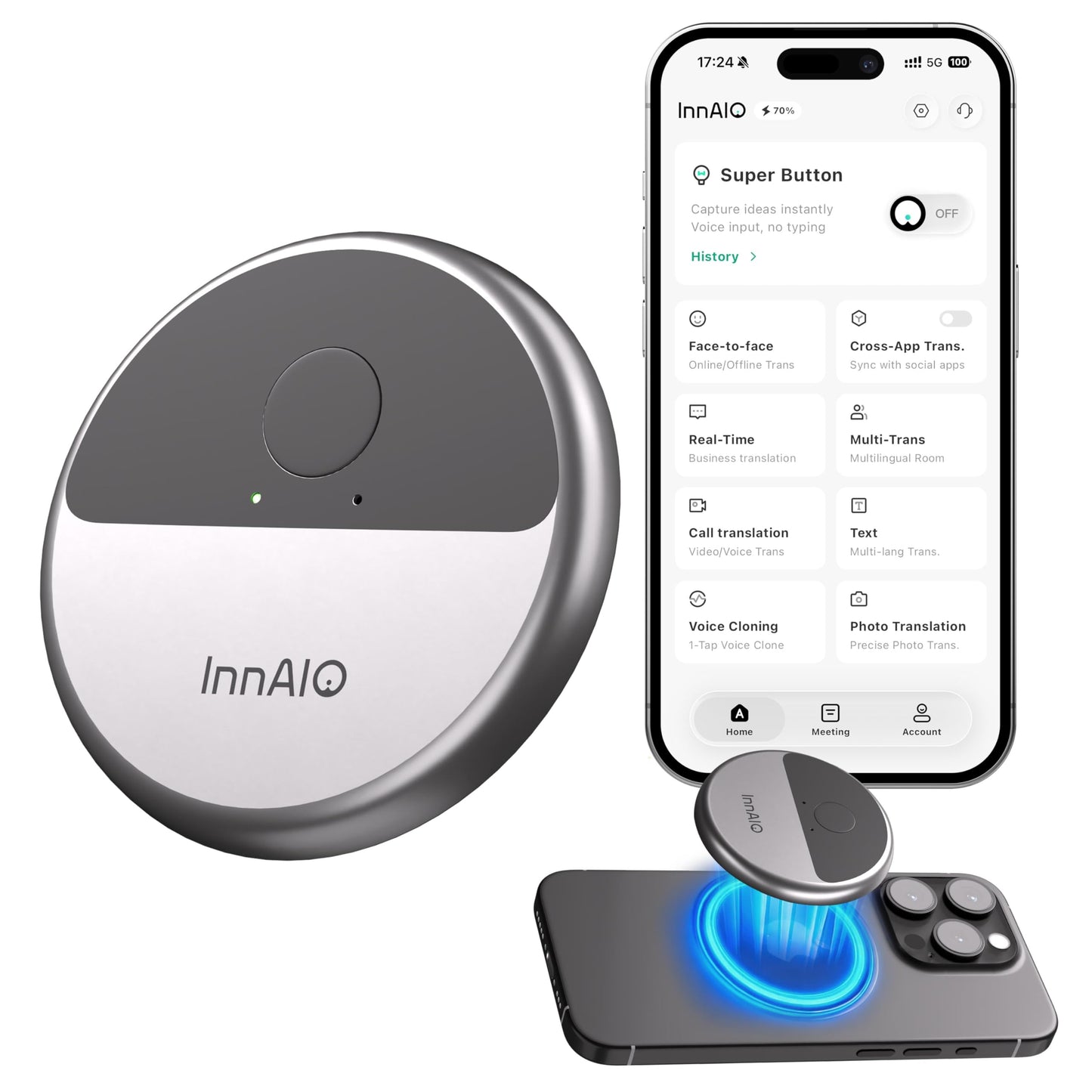 InnAIO T10 AI Language Translator Device, Real-Time Two-Way Voice Translator with GPT Accuracy & Voice Cloning, Pocket Spanish to English Translator for Travel, Business & Video Calls (140+ Languages)