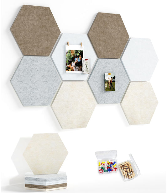 Uoisaiko 8 Pack Hexagon Felt Bulletin Board Tiles - 12" Large Thick Pin Board for Walls with 30 Push Pins, DIY Boards for Office Home School Decor, Aesthetic Hex Cork Board Alternative