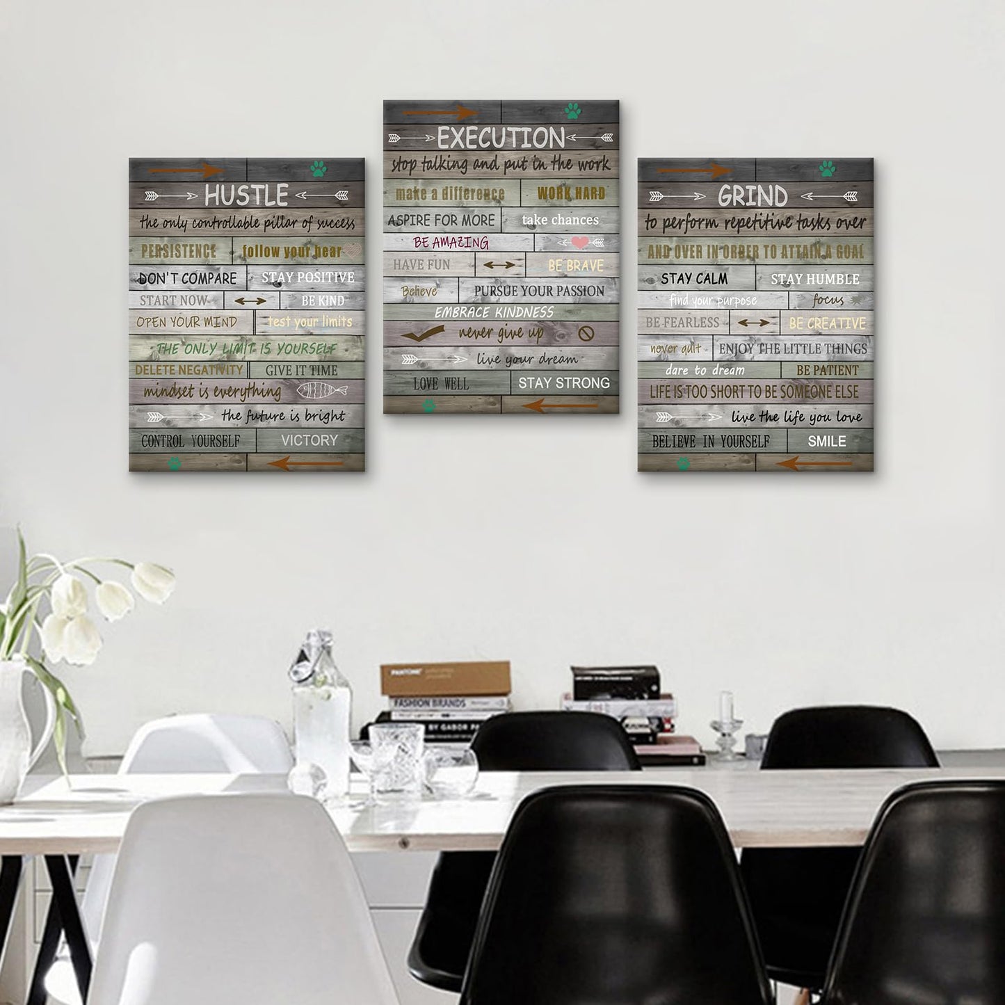 PSYYSP 3 Piece Canvas Wall Art Grind Execution Hustle Posters, Rustic Motivational Triptych Wall Decor for Office, Bedroom, Dorm, Business Workspace, Framed Canvas 36x16inch