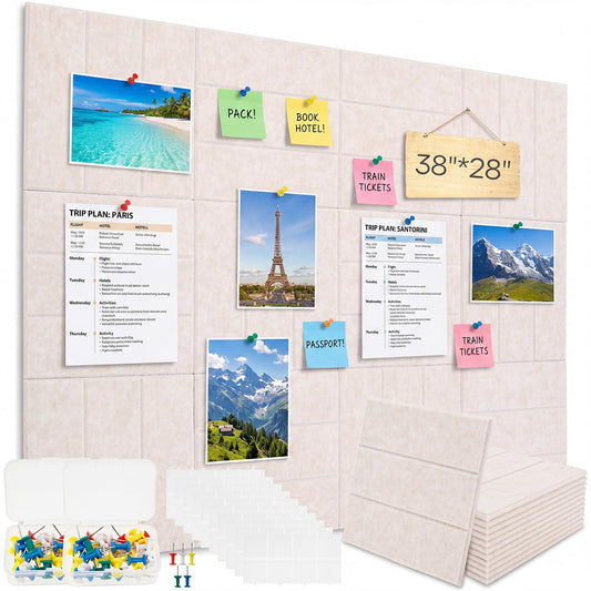 12 Pack Felt Bulletin Board Tiles - Modular Wall Panels (9.45"x9.45" Each), 0.35" Extra Thick Cork Board Alternative with Adhesive Tabs & Push Pins for Office Decor (Light Camel)