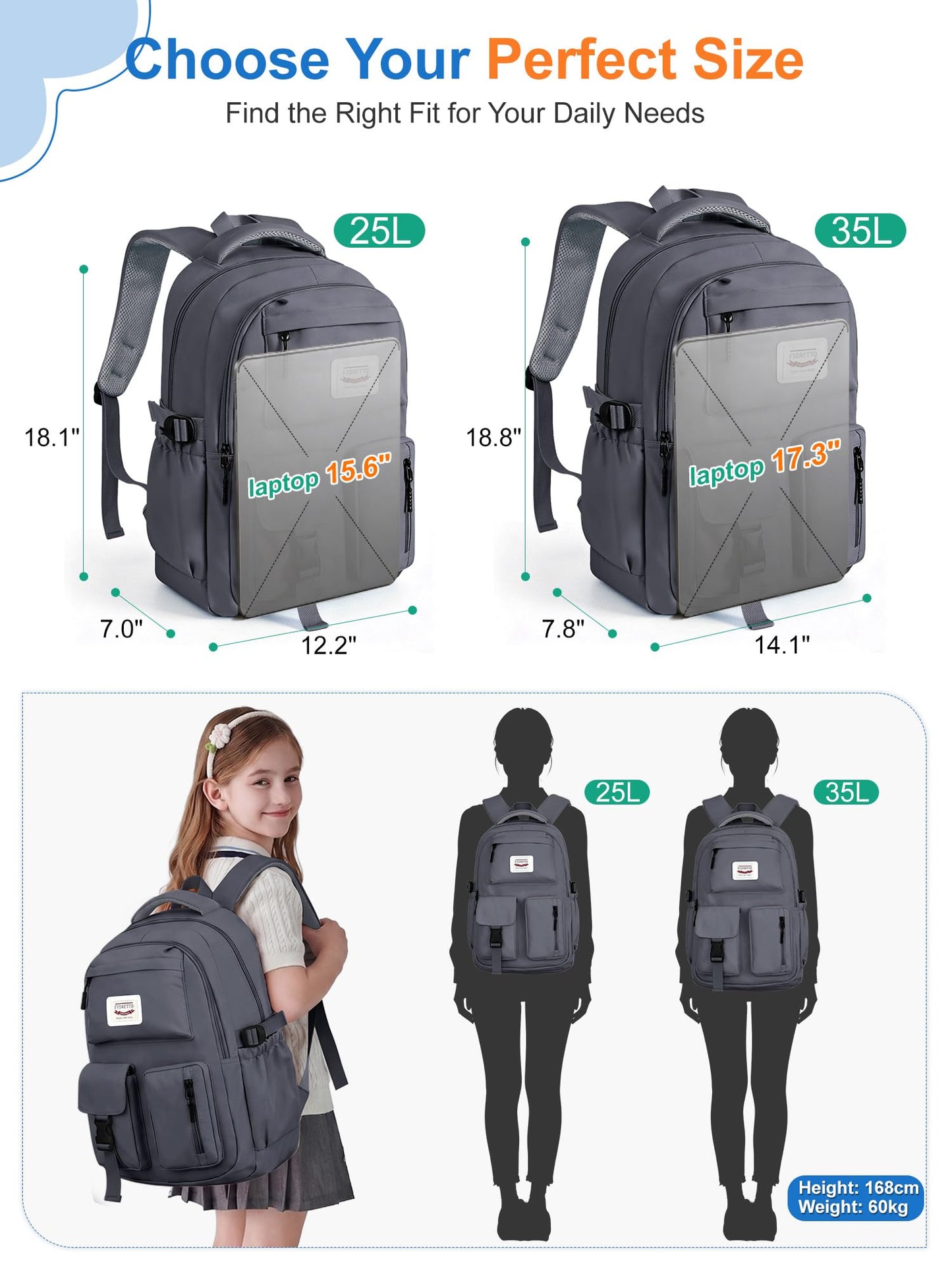 FIORETTO School Backpack for Teen Girls & Women with Compartment, Lightweight School Bag Bookbag with Multiple Pockets, Ideal for Middle High School, College, Travel, Dark Grey 25L