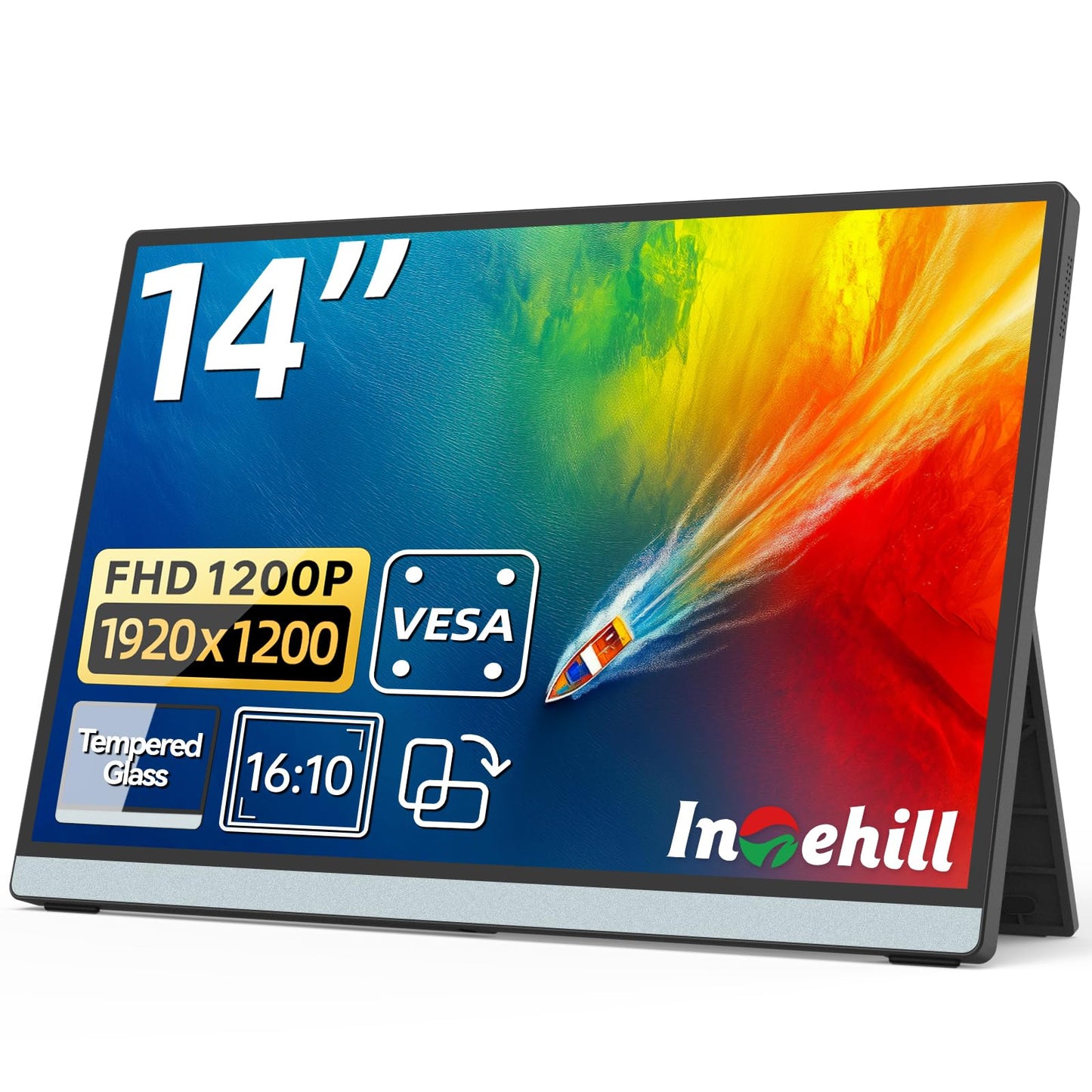 Intehill 14" Portable Monitor, 1200P Self-Standing Portable Screen with Full Laminated Tempered Glass, 16:10 USB-C HDMI External Display with Speakers, Travel Monitor Second Screen for Laptop, F14ZA