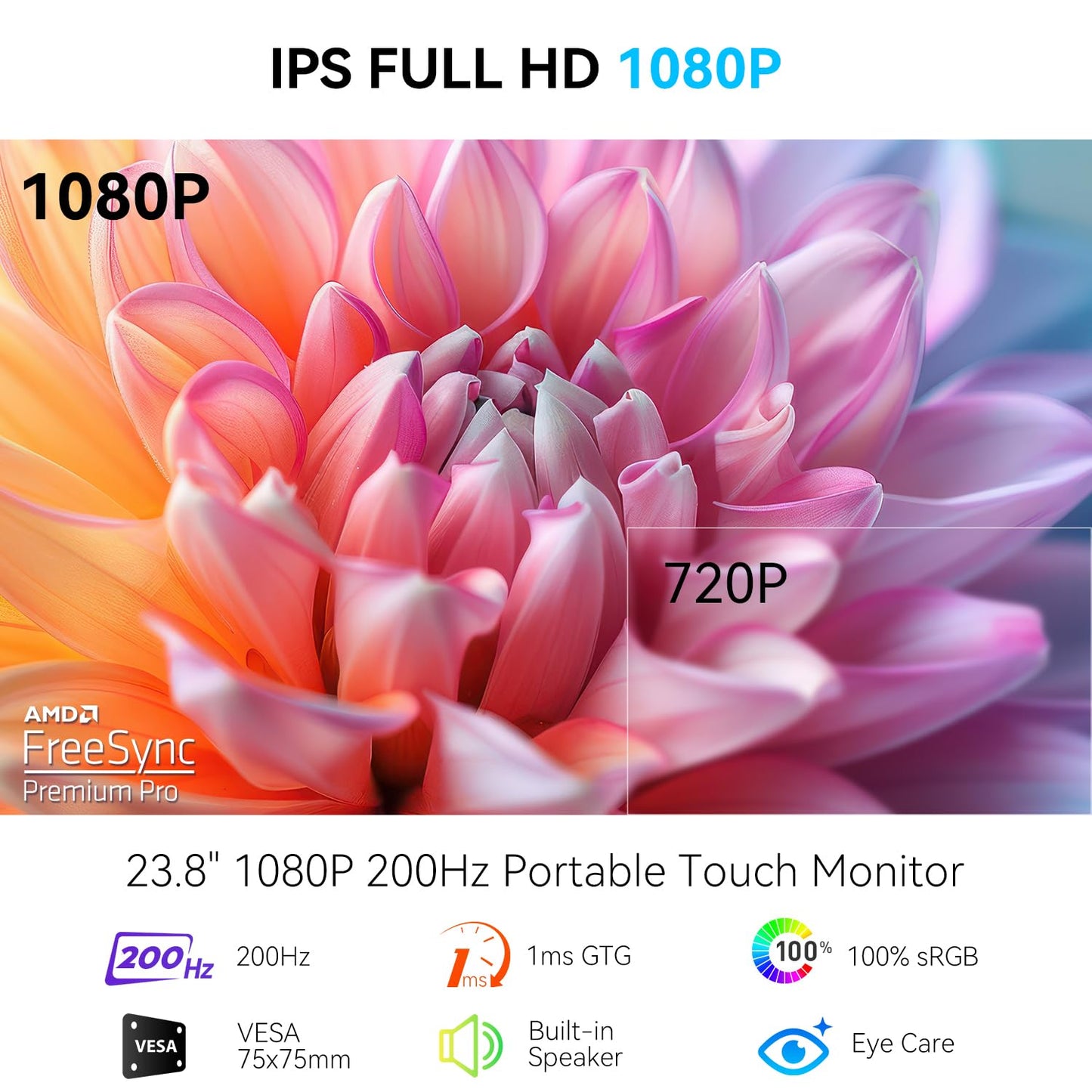 Prechen 23.8" 200hz Portable Touchscreen Monitor 99% sRGB VA FHD 1080P, VESA, Built-in Speaker, w/90°Adjustable Stand USB-C HDMI External Second Touch Screen Display for Laptop/PC/Phone
