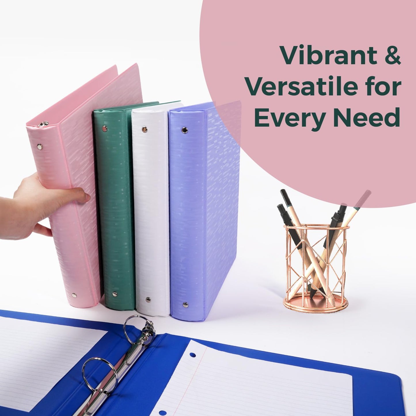 POPRUN 3 Ring Binder 1 Inch, PVC-Free, Holds 175 Sheets of 8.5 x 11 Paper, Extra Durable Organizer with 2 Pockets for School & Office, Heavy-Duty, 4 Pack, Pink