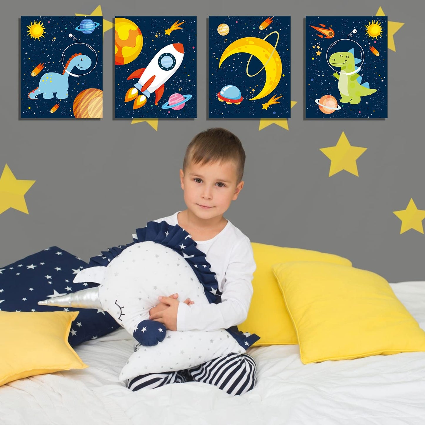 KAIRNE Outer Space Dinosaur Room Decor,Solar System Stars Wall Canvas Poster,Set Of 4 (8X10inch,framed) Planet Astronaut Art Print,Rocket Decor for Boys Room Toddler Kids Room Classroom Space Decor