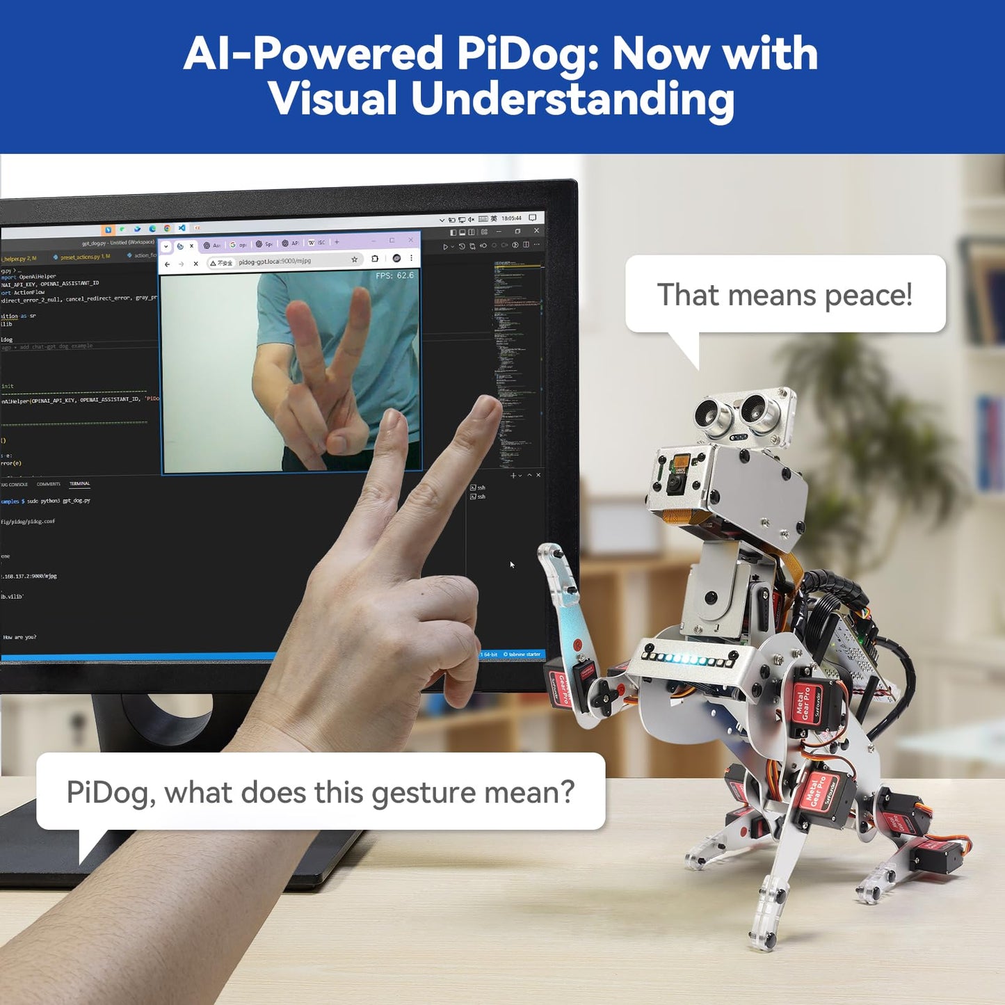 SunFounder AI Robot Kit with Raspberry Pi Zero 2 W+32G TF Card, ChatGPT-4o Enabled with Voice Command & Video Recognition, App Control, FPV, 12 Servos, Gyroscope, Camera, Mic