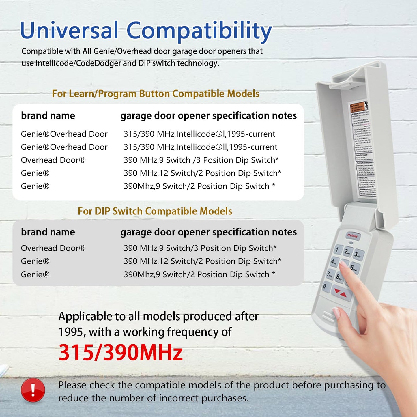 XDTKML for Genie Garage Door Opener Keypad Compatible with All Genie Intellicode Overhead Door Codedodger and Dip Switch Opener for 1995-Current Models 315/390MHZ Wireless Keyless Keypad Replacement