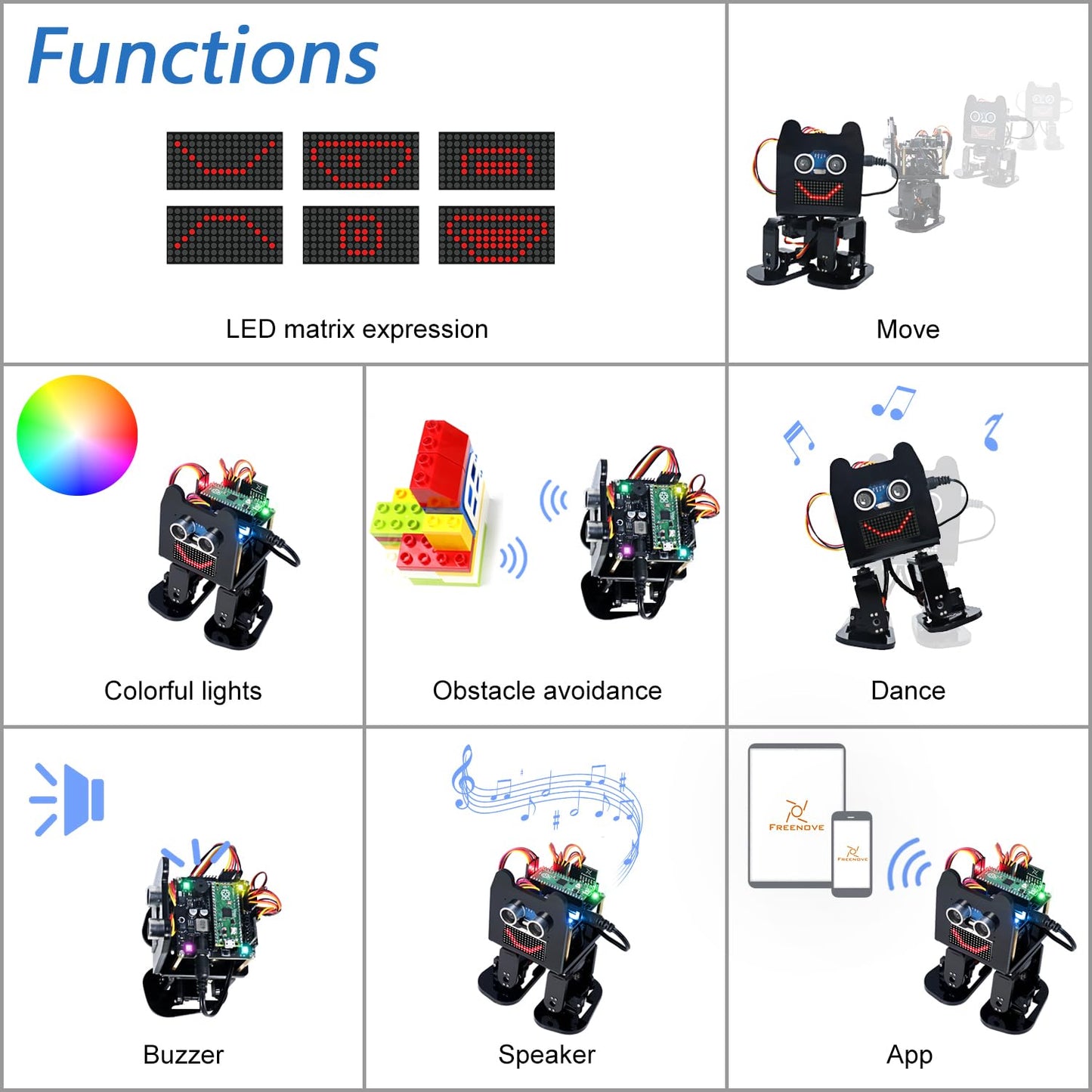 Freenove Bipedal Robot Kit for Raspberry Pi Pico (Included) (Compatible with Arduino IDE), LED Matrix Expressions, Obstacle Avoidance, Colorful Lights, Buzzer, Speaker, App