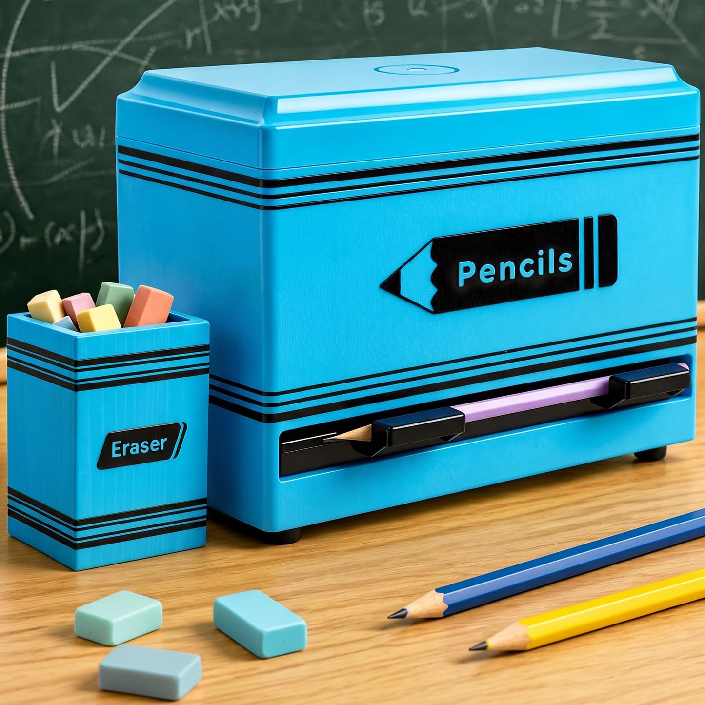 Gueevin 2pcs Pencil Dispenser for Classroom, Fun Desk Organizer with Eraser Holder, Interactive Pencil Storage for Teachers, Students & Homeschool Desk Organizer, Back to School Supplies(Blue)