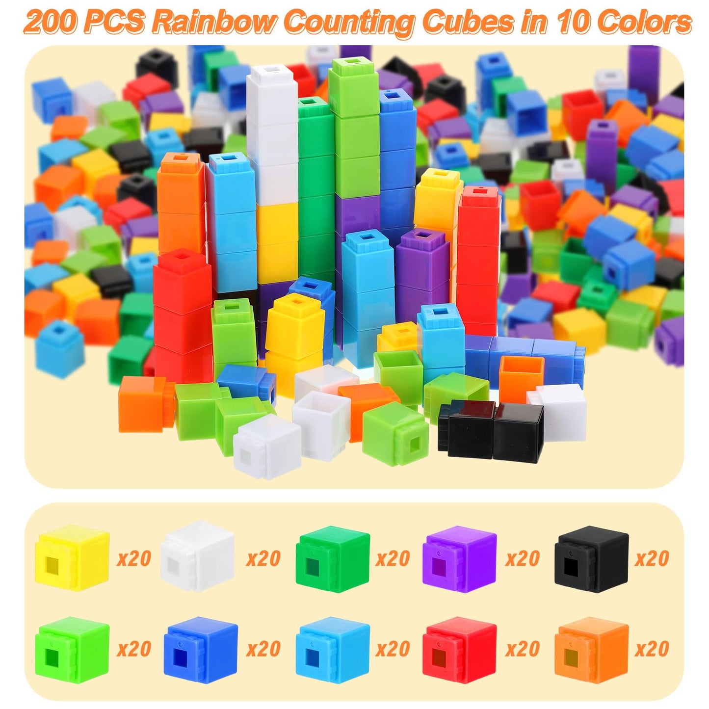 Jenaai 200 Pieces Linking Cubes for Math Counting Cubes, Plastic Counting Blocks, Colorful Math Manipulatives Classroom Learning Supplies for Preschool Activities Boy Girl(Simple Style)