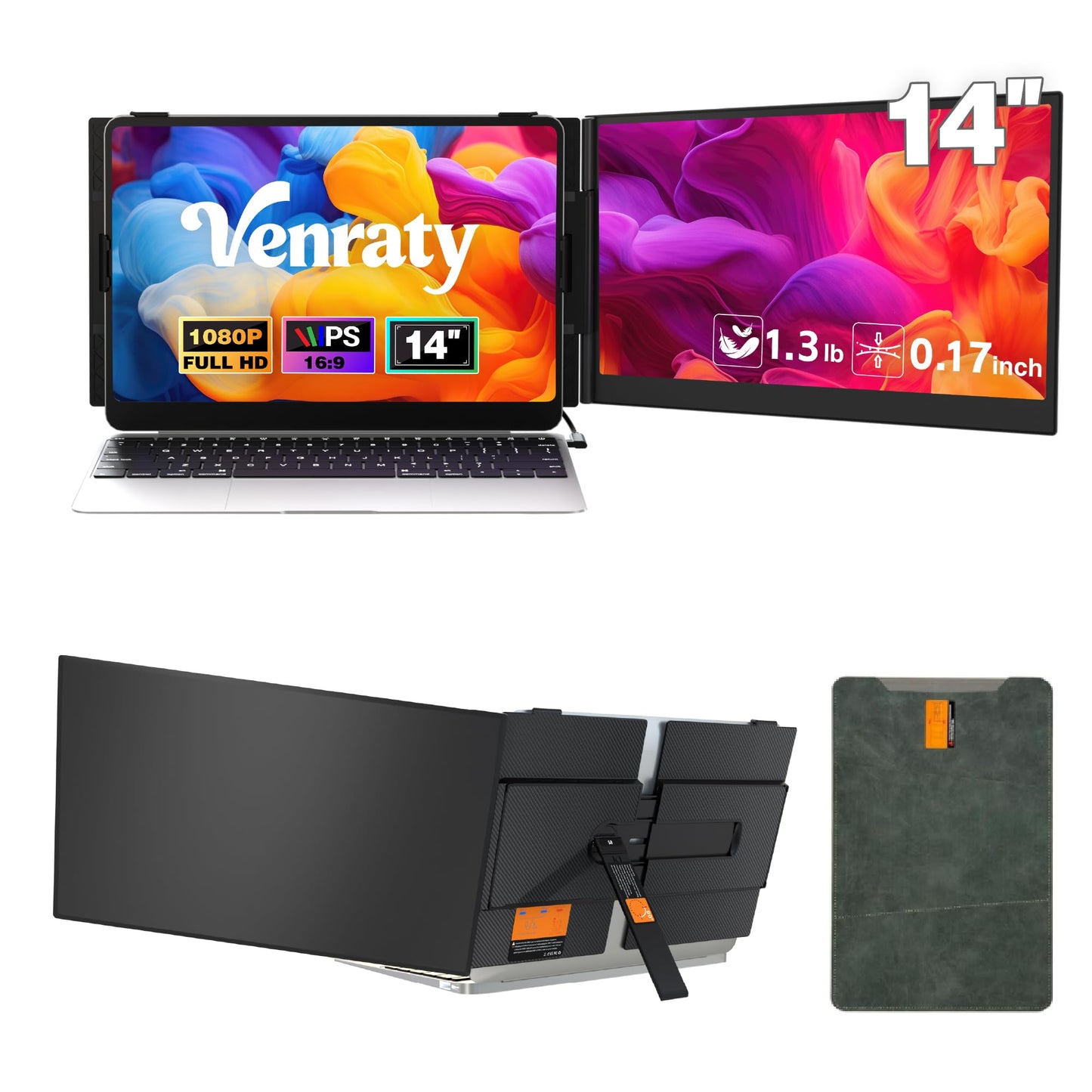 Venraty Ultra Thin Laptop Screen Extender， Lightweight Portable Monitor 14" 1080P FHD Monitor for Laptop, Fit for 13-17" Laptops,Plug & Play Compatiable with Win/Mac/Chrome/Android