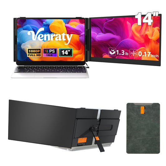 Venraty Ultra Thin Laptop Screen Extender， Lightweight Portable Monitor 14" 1080P FHD Monitor for Laptop, Fit for 13-17" Laptops,Plug & Play Compatiable with Win/Mac/Chrome/Android