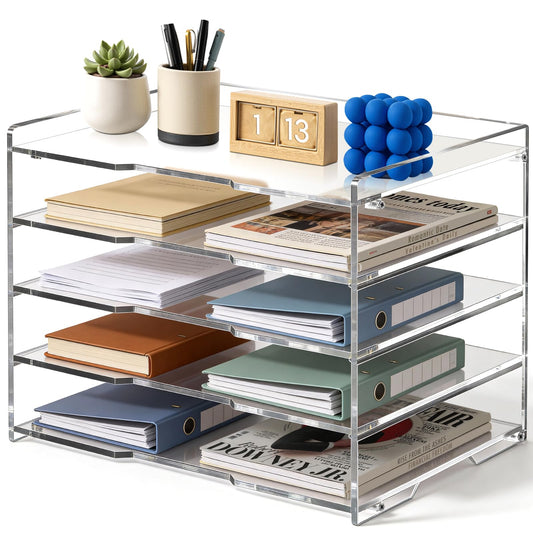 Leffis 5 Tier Acrylic Desk Organizer, Clear Paper File Folder Holder Letter Tray, Desktop Document Sorter for Office Home School Classroom, Tiered Storage Rack for Papers Bills Mail Supplies
