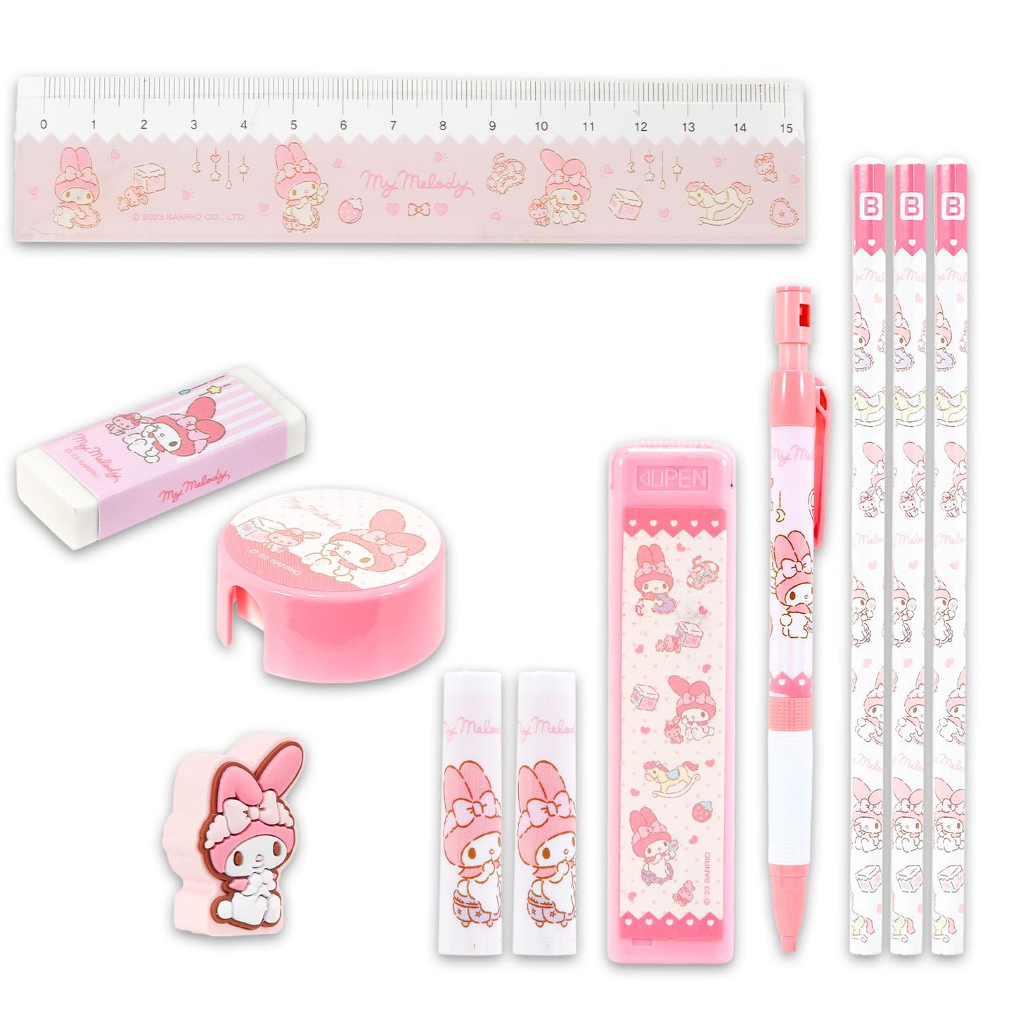 My Melody School Supplies Pack - 11 Pc Bundle of Sanrio Pencils & Topper, Ruler, Eraser, Stickers, More | Hello Kitty & Friends School Supplies