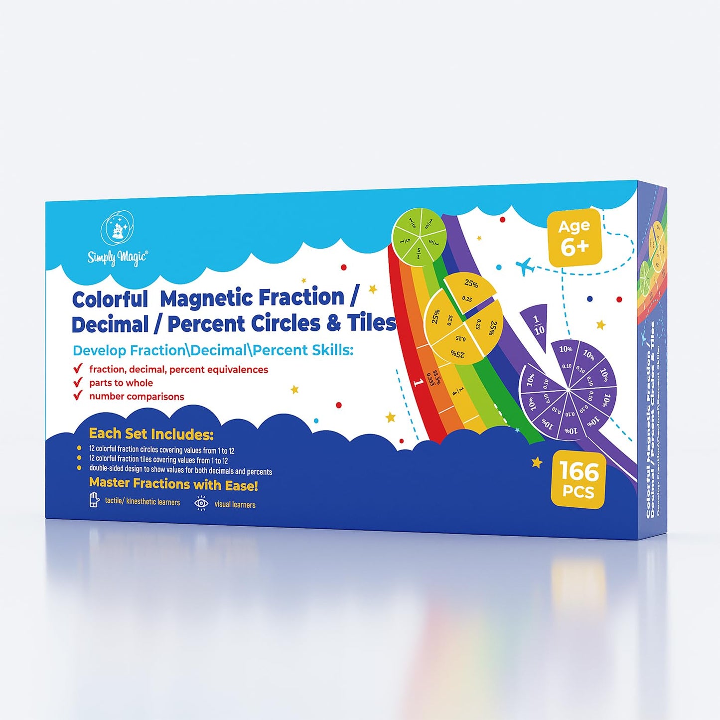 166 PCS Simply Magic Magnetic Fraction Tiles & Fraction Circles with Percentages - Fraction & Percent Strips & Bars, Fraction Manipulatives Class Set, Teaching Learning Fractions, Math Manipulatives