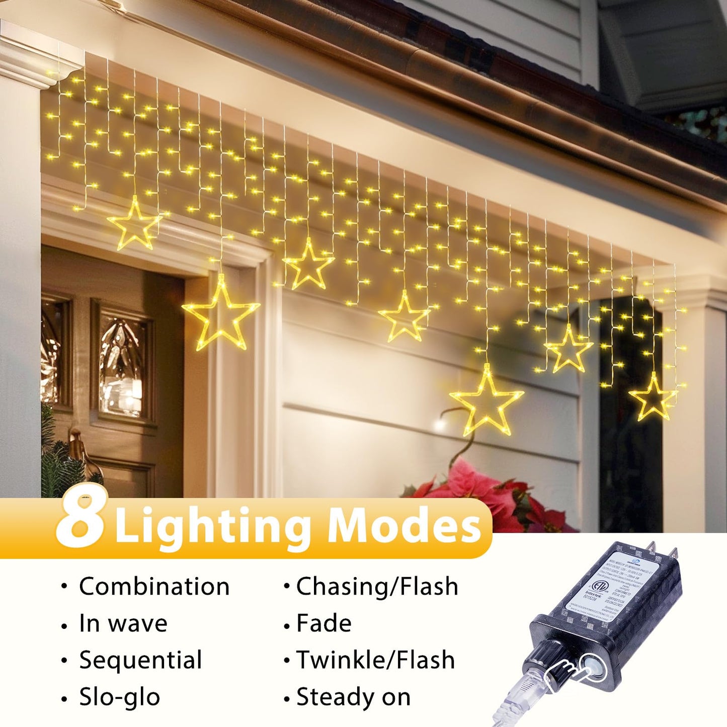 Minetom Icicle Lights Outdoor 200 LED 20FT Star Warm White Waterproof DMO-300 8 Modes with Timer