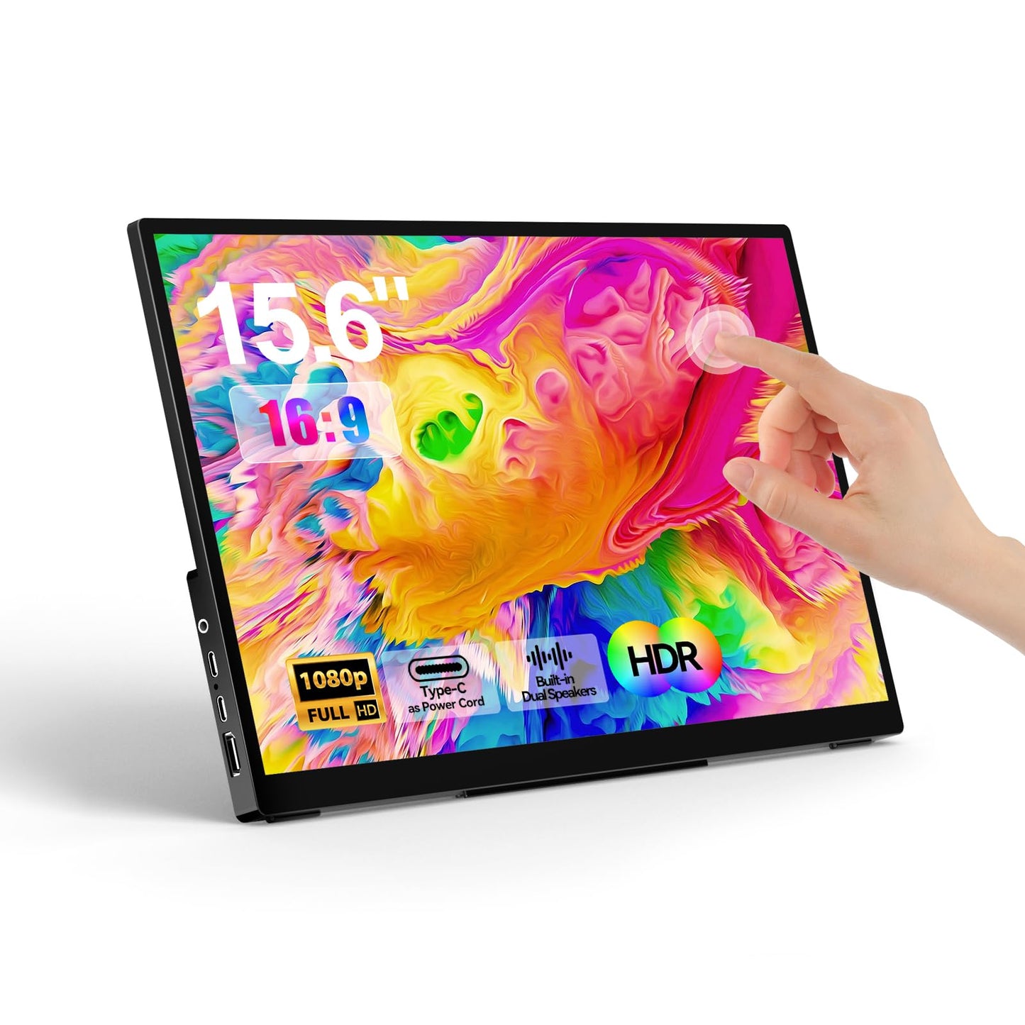 Topmonitor Portable Monitor Touchscreen 15.6" 1080P FHD IPS, 10-Point Touch Travel Gaming Display with Dual Speakers & Kickstand, USB-C HDMI External Screen for Laptop, MacBook, Phone, PS5, Switch