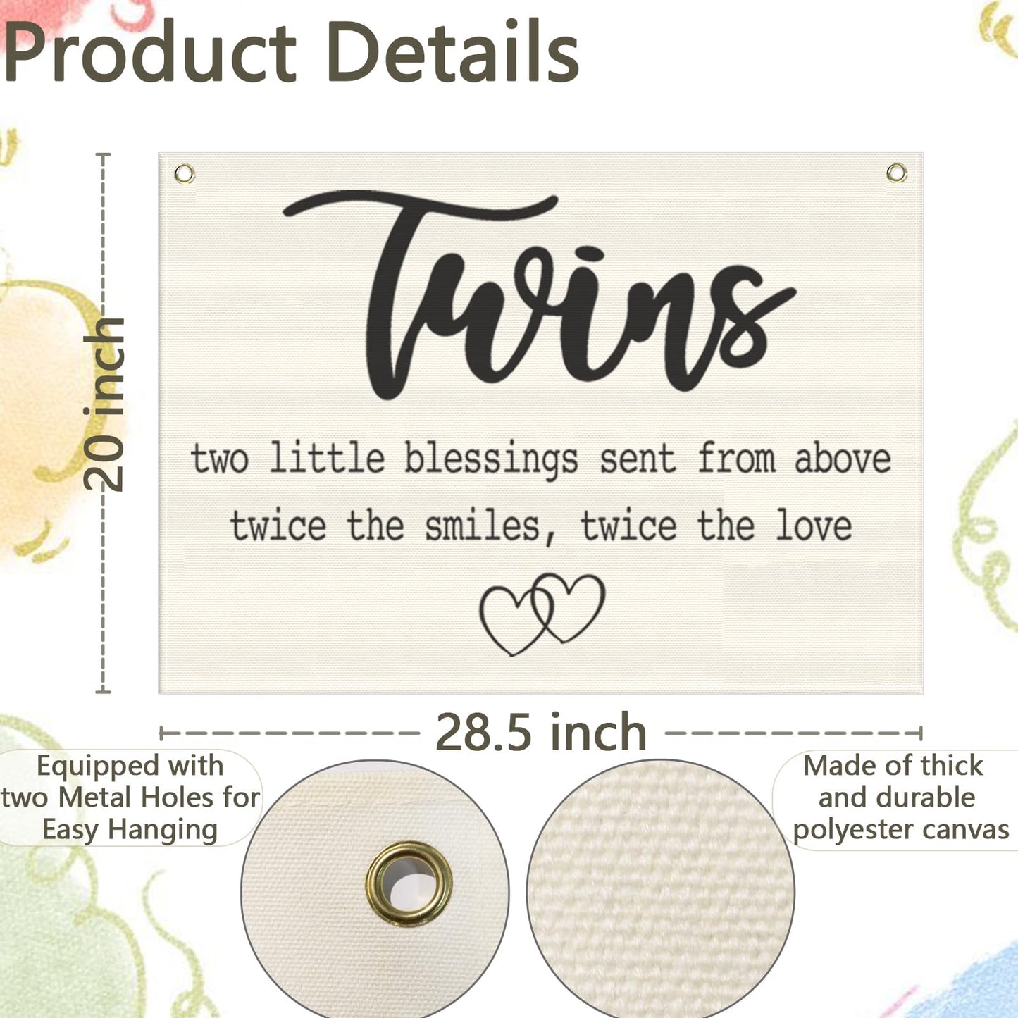 Twin Room Sign Canvas Banner-Nursery Wall Decor Rectangular Flag Sign for Baby Kids Newborn Nephew,Bedroom Baby Room Door Decoration,Twins Two Little Blessings Quote,Christmas Gift 28.5"L x 20"W