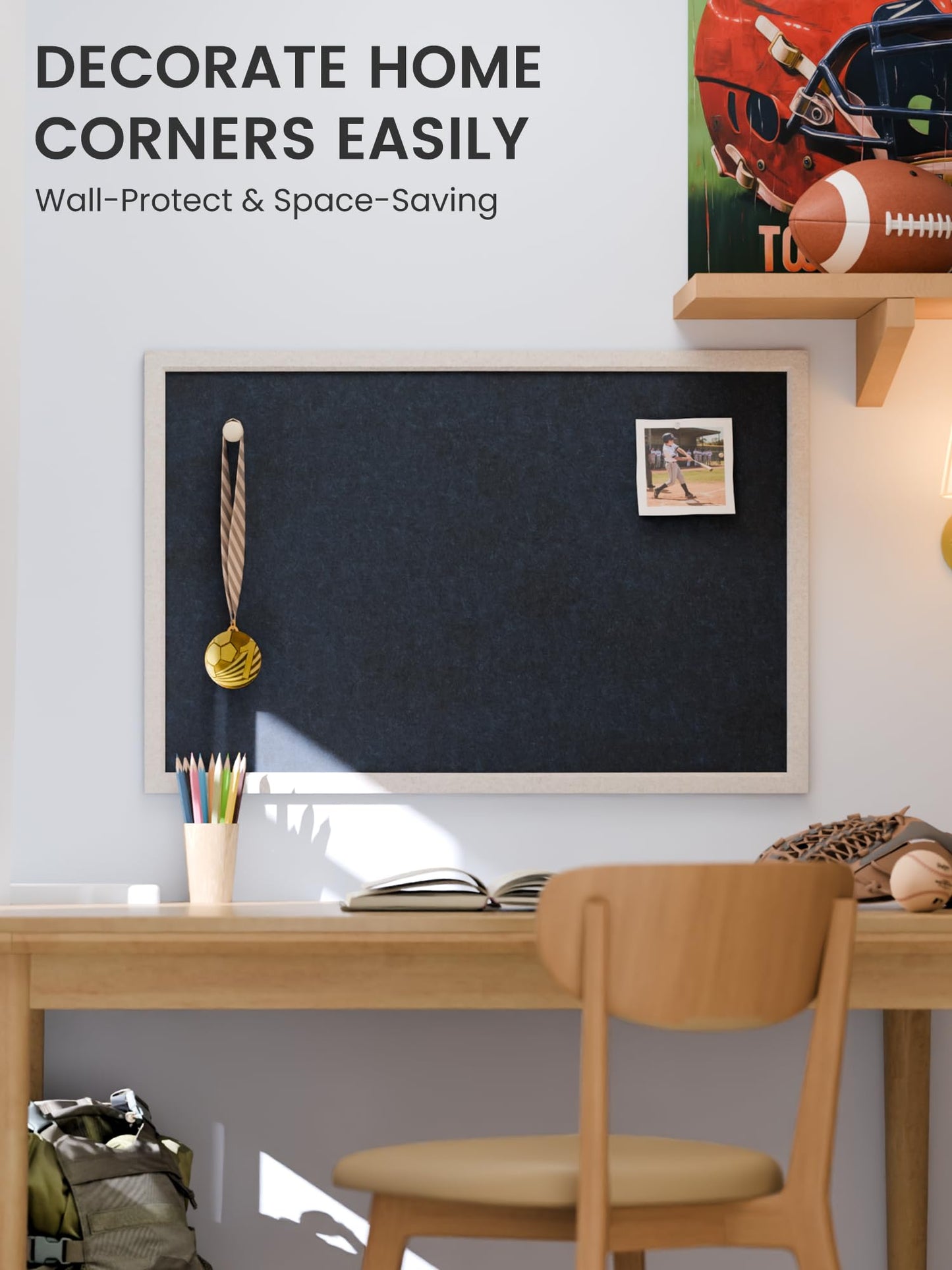 Fluxynara Foldable Cork Board Alternative, Felt Bulletin Board 35.4" x 23.6" Oatmeal Frame with 24 Adhesive Tabs, Pin Board for Home Office, Classroom, Entryway, Kitchen Wall Decor—Navy Blue