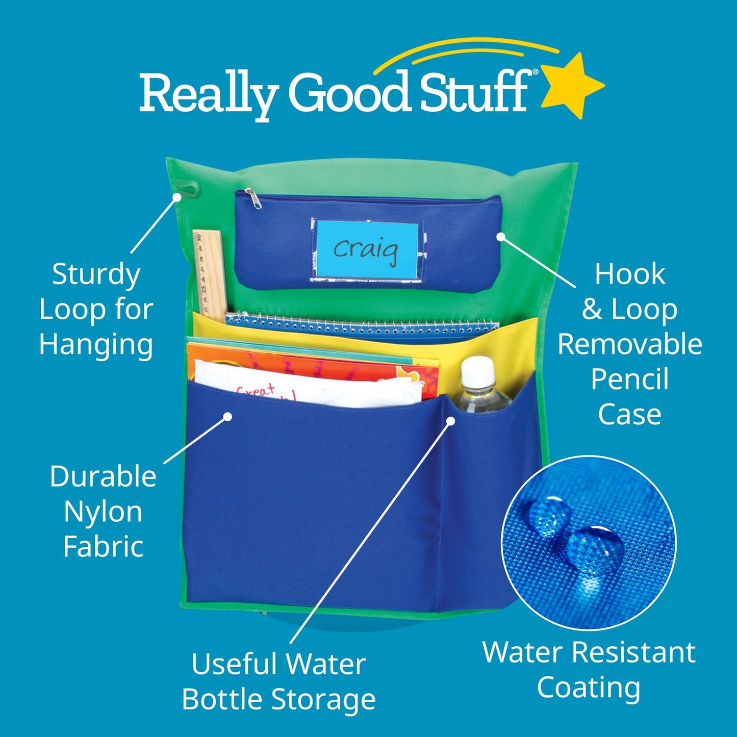 Really Good Stuff Multi-Pocket Chair Pockets with Pencil Case and Water Bottle Holder – 6 Pack – Green/Blue | Classroom Essentials & Must Haves, Seat Sacks for Students, Desk Organizer, Storage Bag