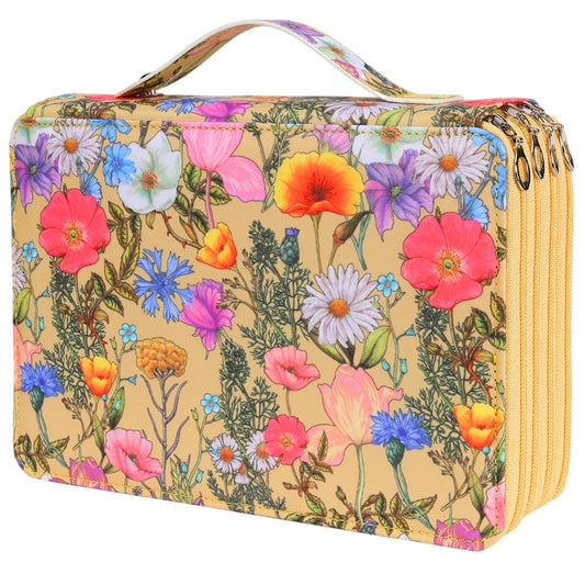 Vomgomfom 200 Slots Pencil Bag, 4-Layer Zipper Portable Art Supply Organizer, PU Leather Large Capacity Colored Pencil Case with Handle for 200 Watercolor Pens, Gel Pens (Yellow Flower)